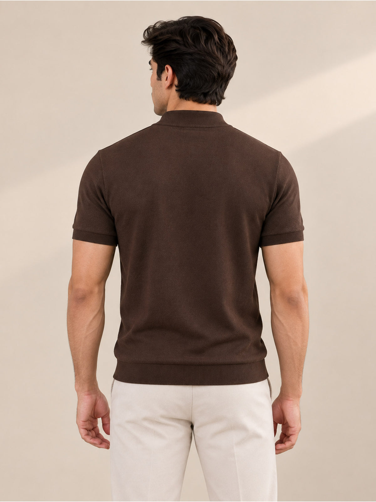 BROWN MOCK NECK ZIPPER POLO