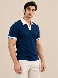 BLUE JACQUARD CONTRAST COLLAR POLO