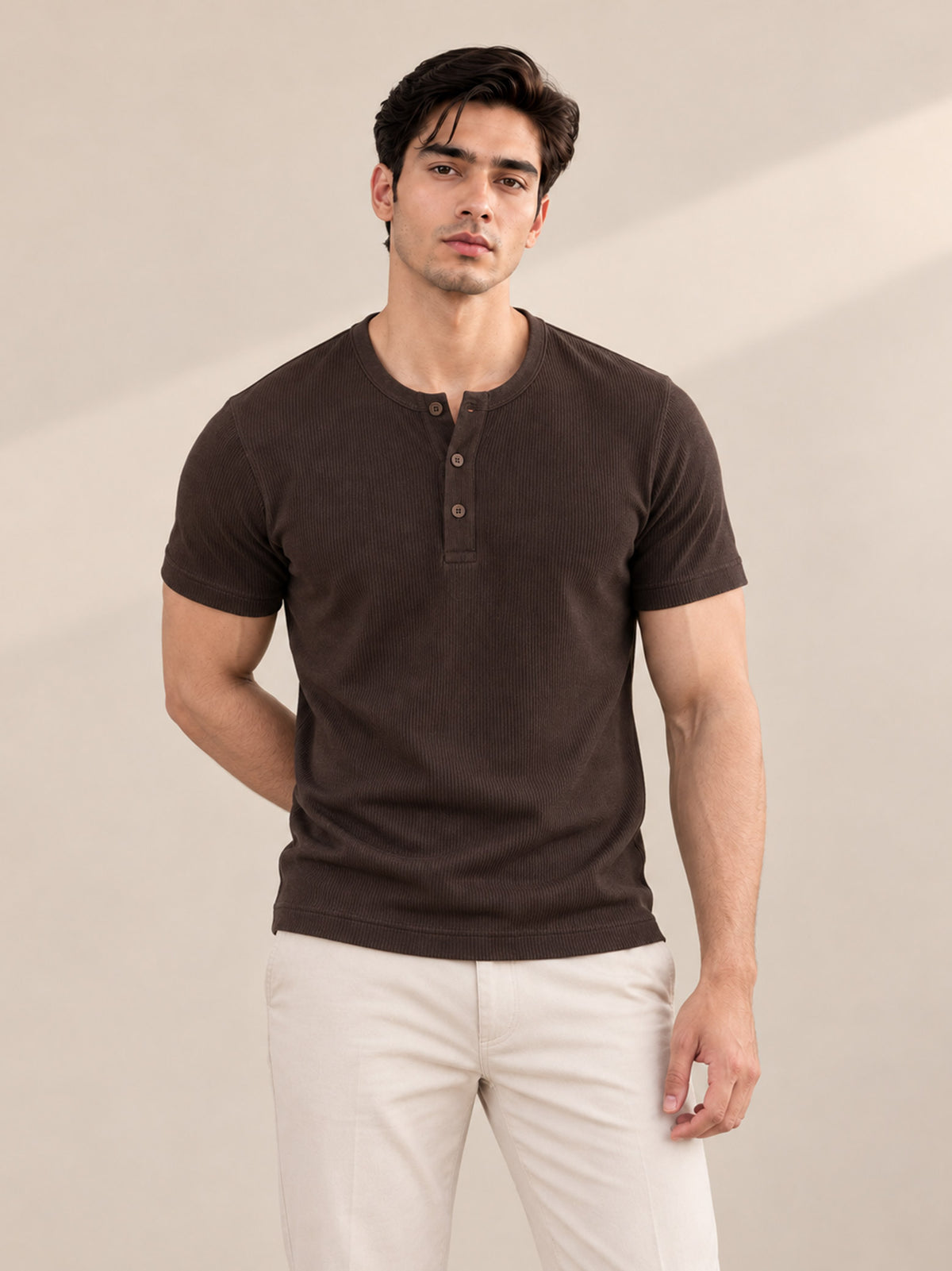 DUSK BROWN RIBBED HENLEY