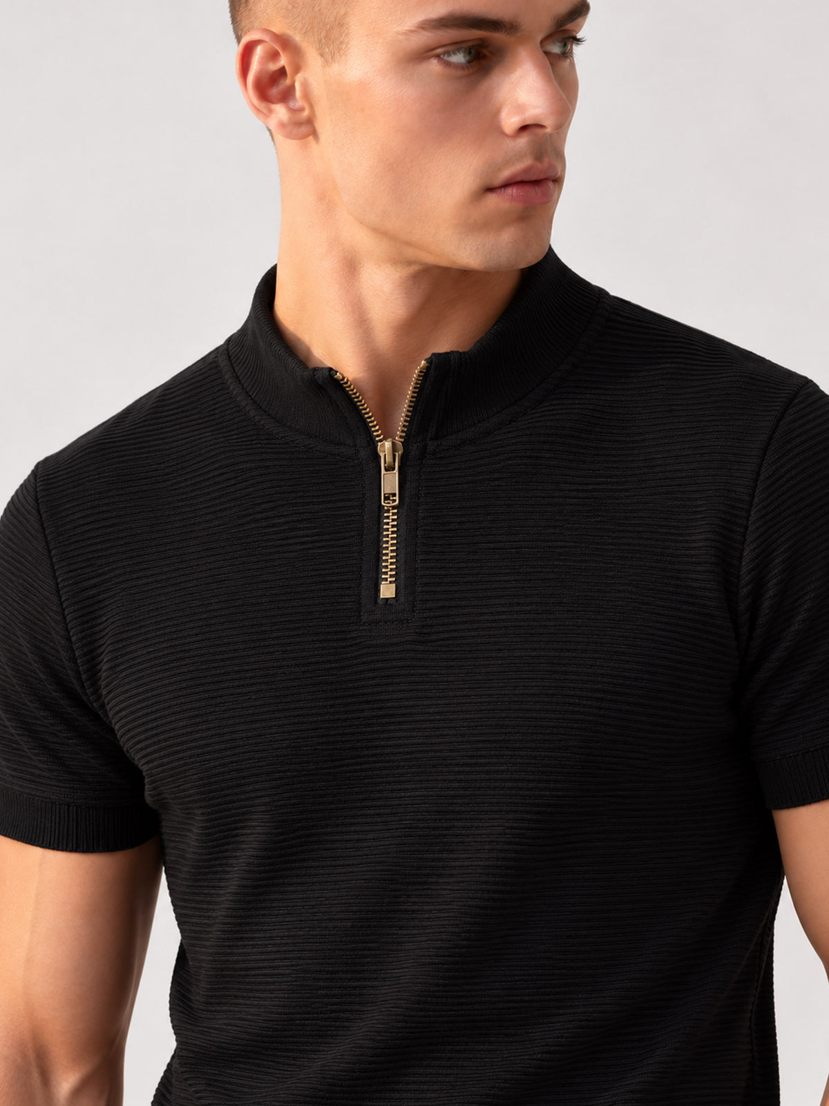 BLACK MOCK-NECK OTTOMAN POLO