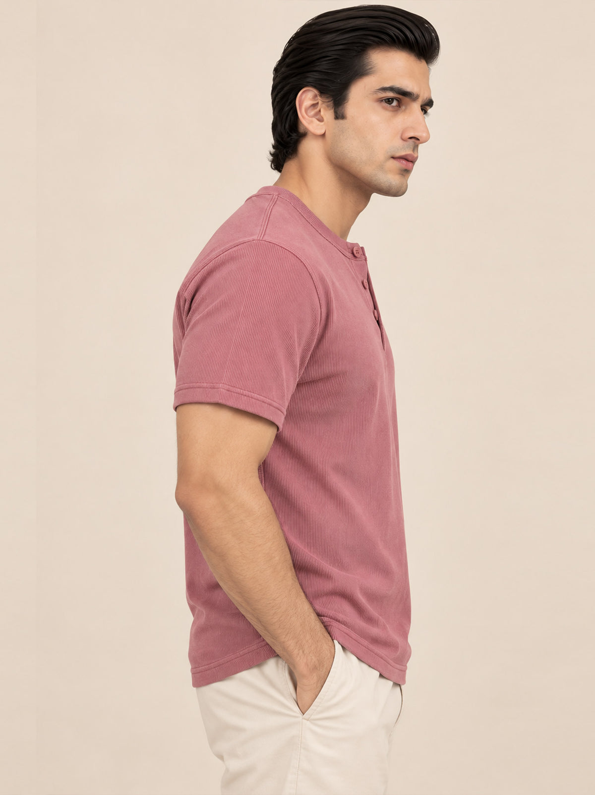 DUSKY PINK RIBBED HENLEY