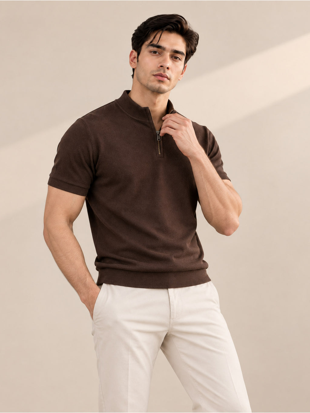 BROWN MOCK NECK ZIPPER POLO