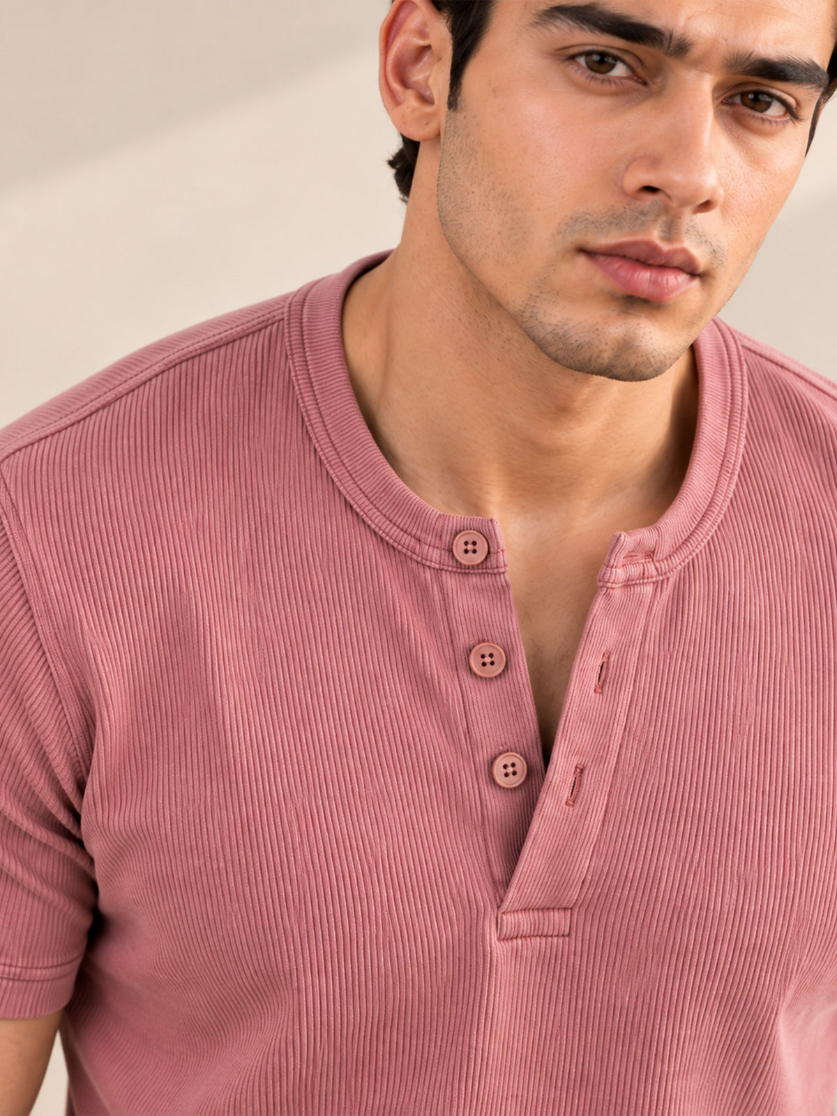 DUSKY PINK RIBBED HENLEY