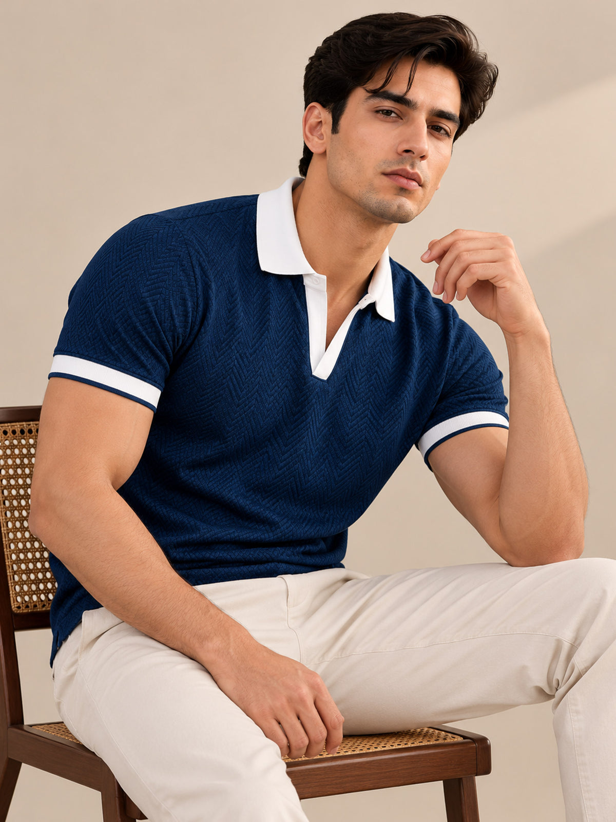 BLUE JACQUARD CONTRAST COLLAR POLO
