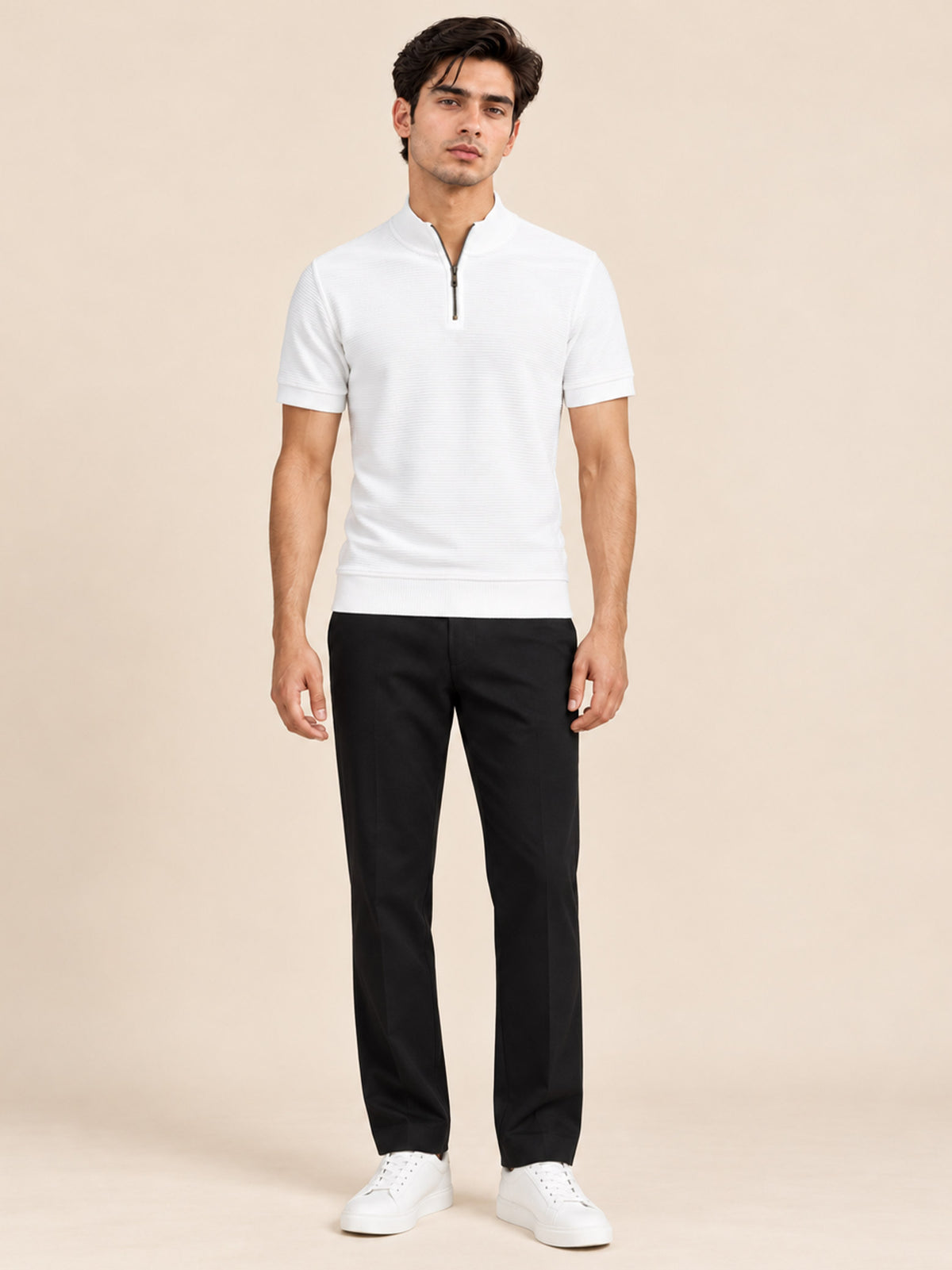 WHITE MOCK-NECK ZIPPER OTTOMAN POLO