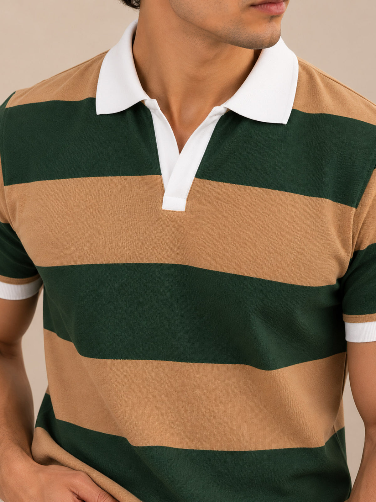 OLIVE BEIGE CONTRAST COLLAR POLO