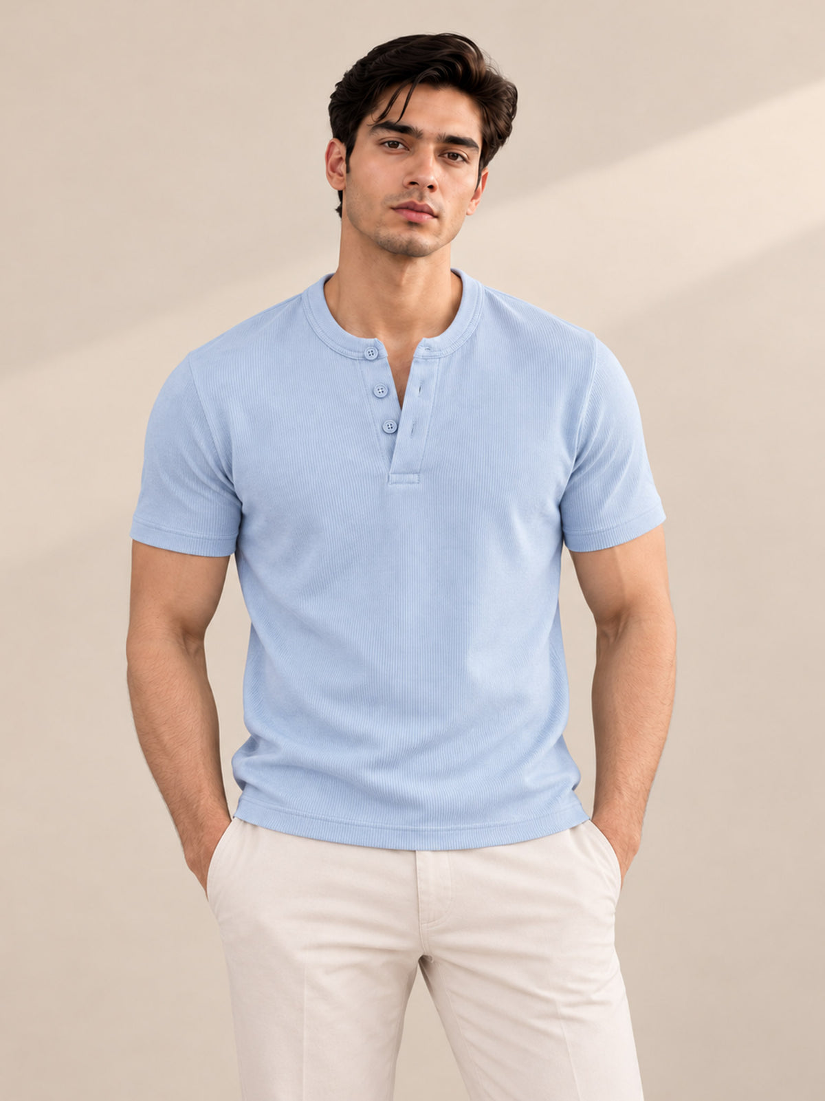 SKY BLUE RIBBED HENLEY