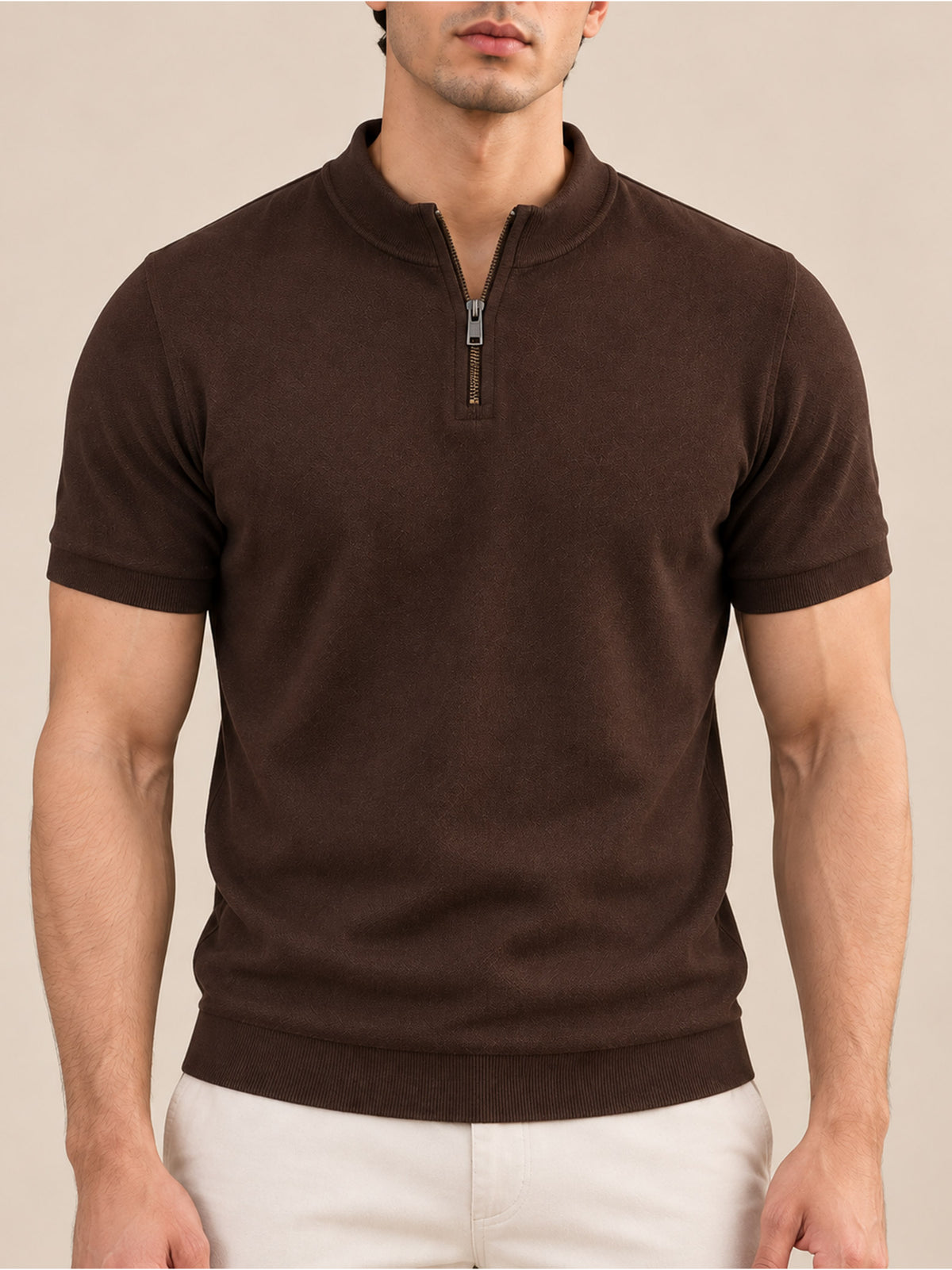 BROWN MOCK NECK ZIPPER POLO