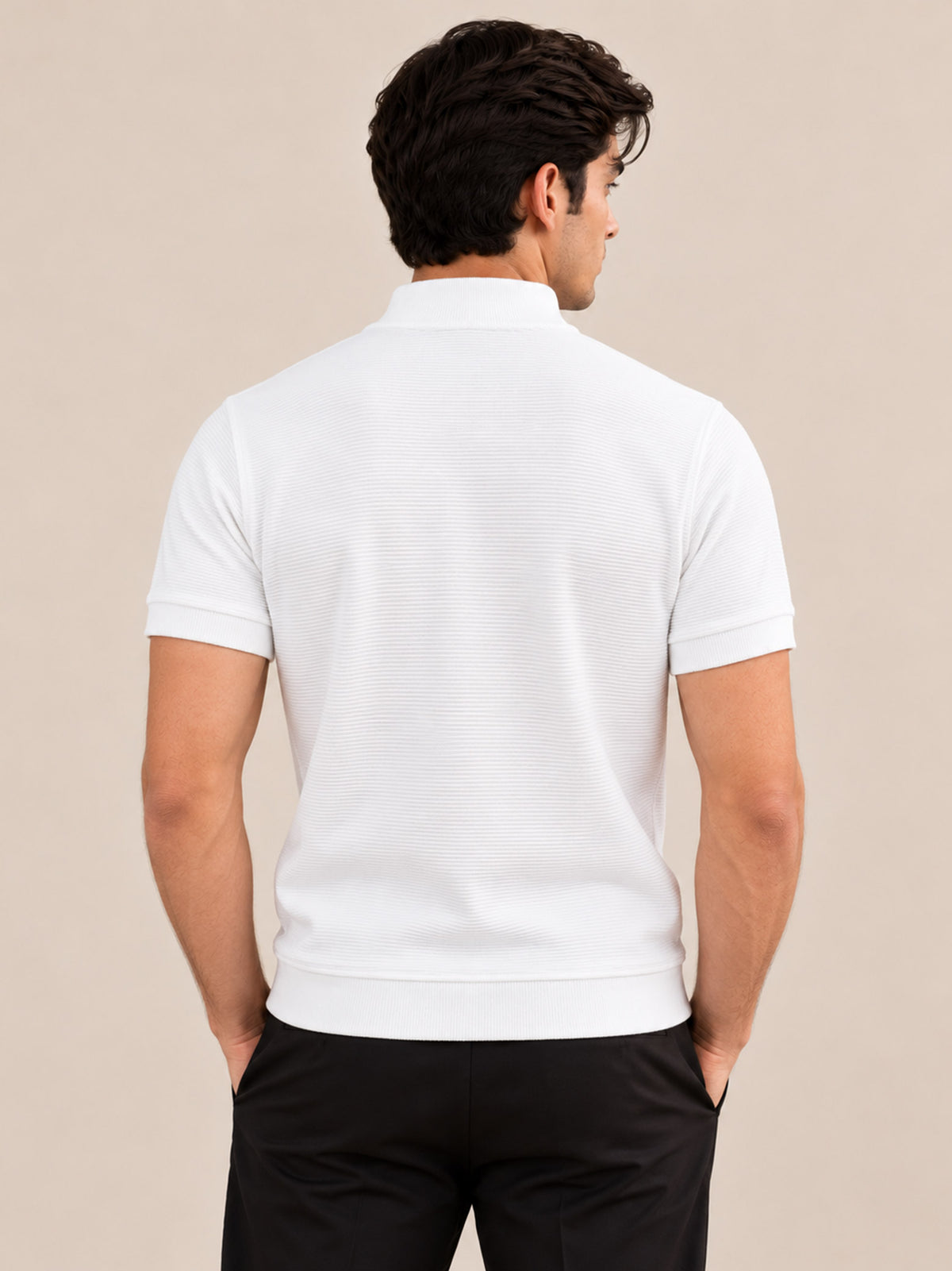 WHITE MOCK-NECK ZIPPER OTTOMAN POLO