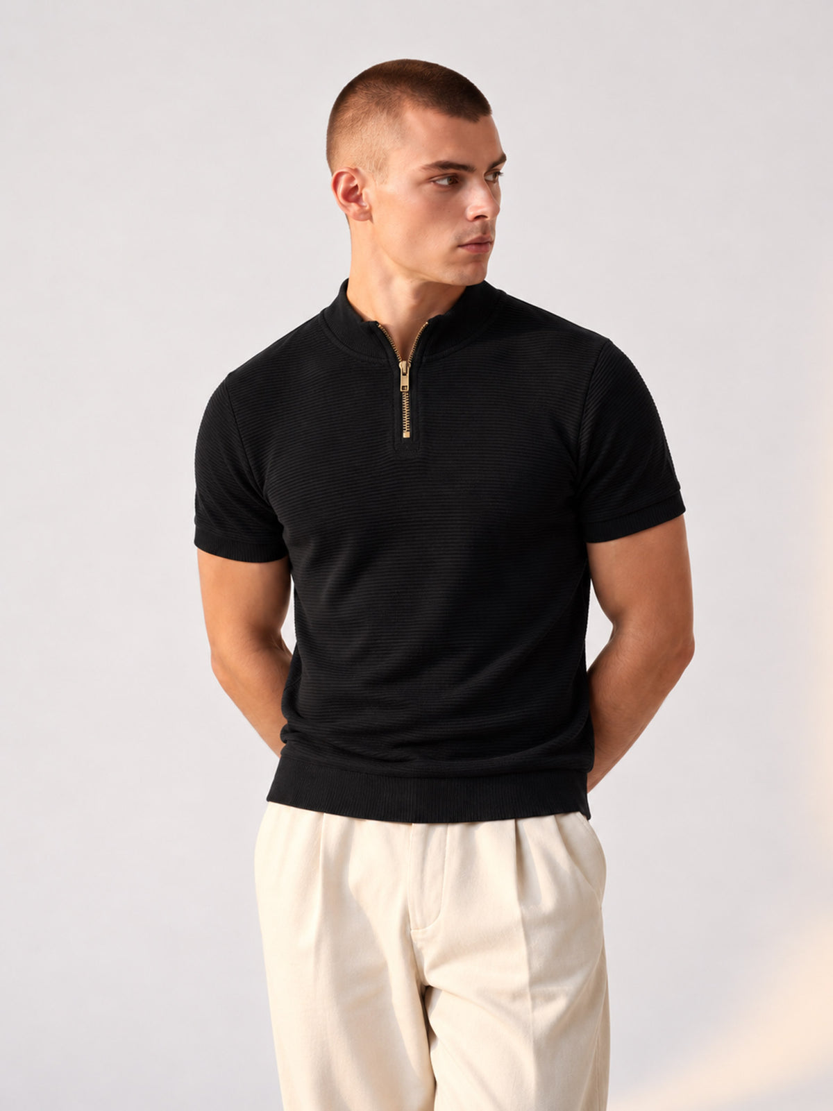 BLACK MOCK-NECK OTTOMAN POLO