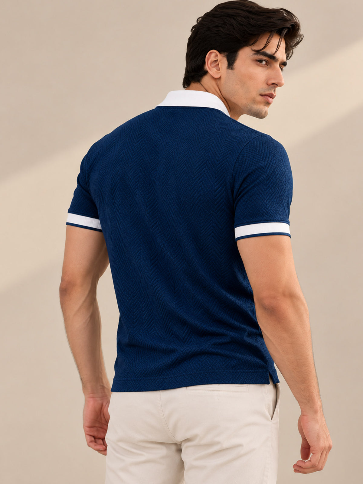 BLUE JACQUARD CONTRAST COLLAR POLO