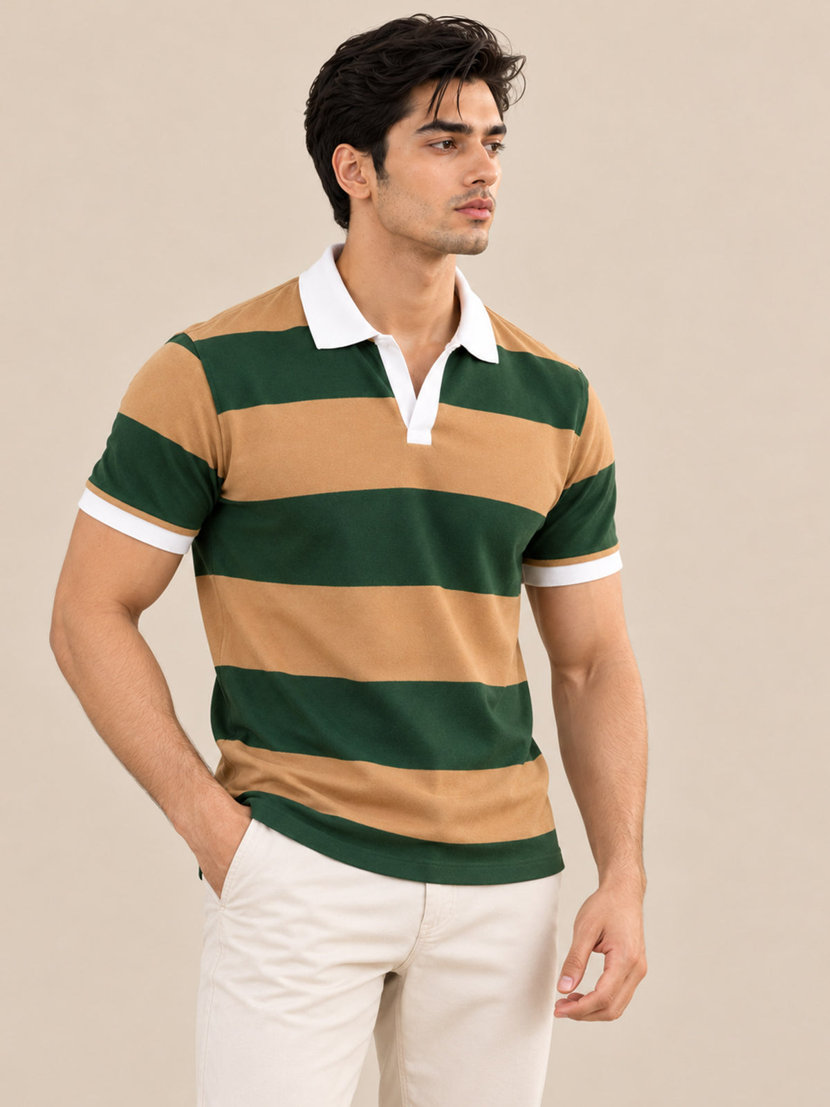 OLIVE BEIGE CONTRAST COLLAR POLO