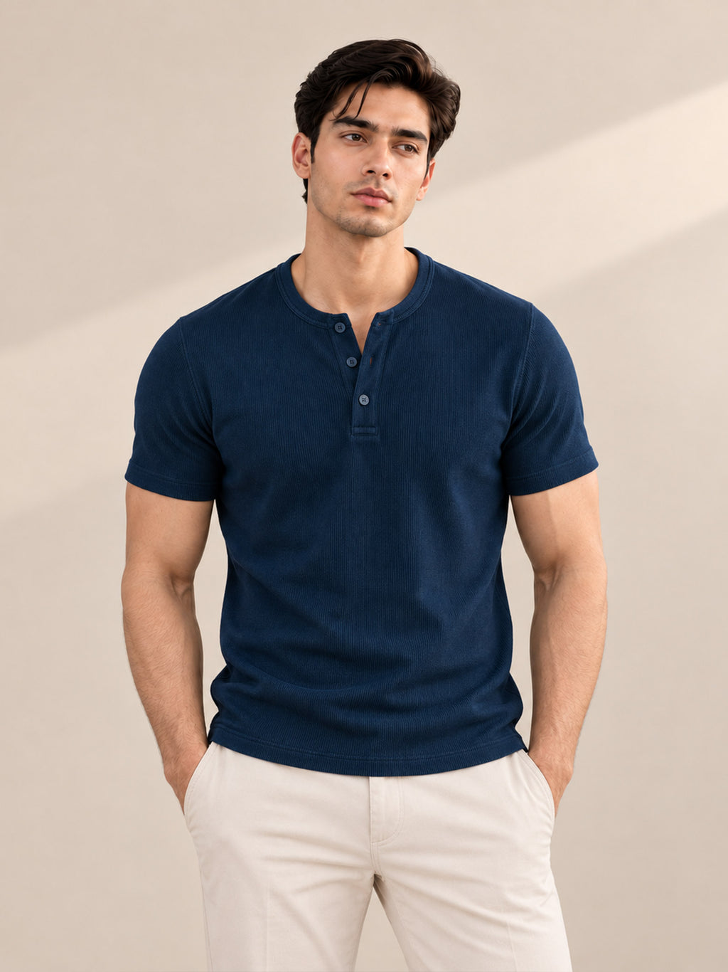 DARK BLUE RIBBED HENLEY