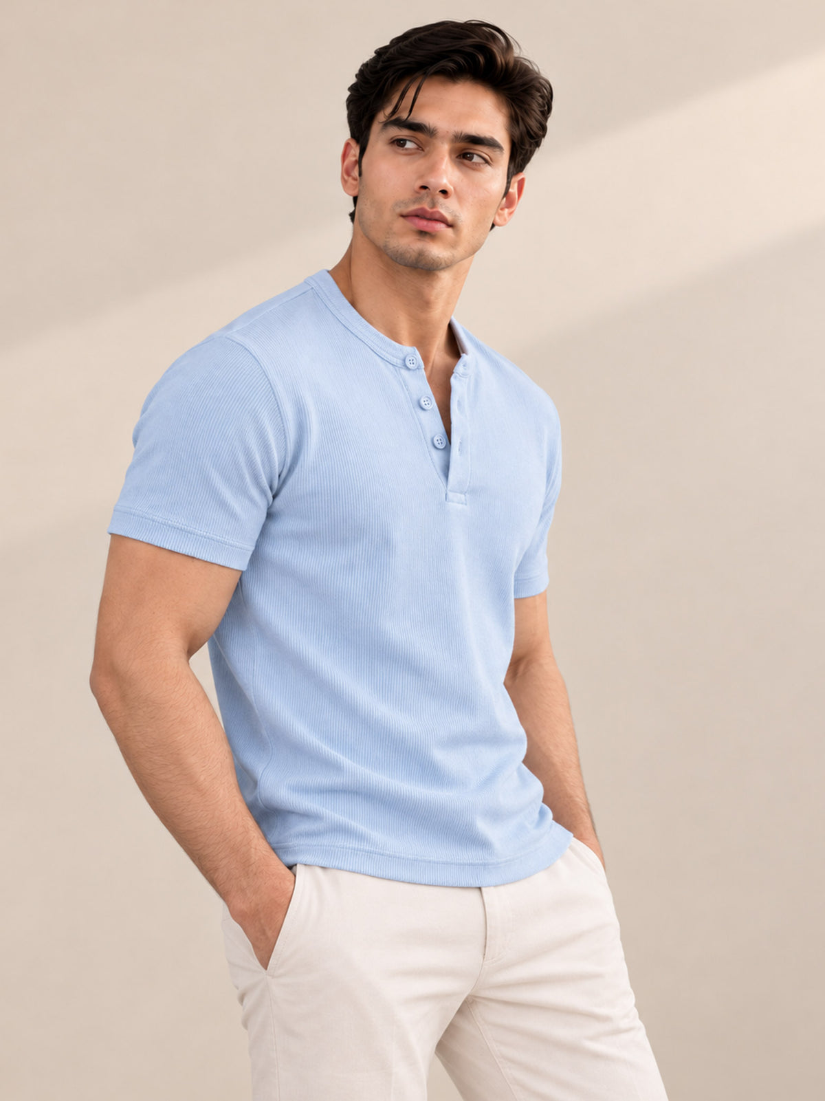 SKY BLUE RIBBED HENLEY
