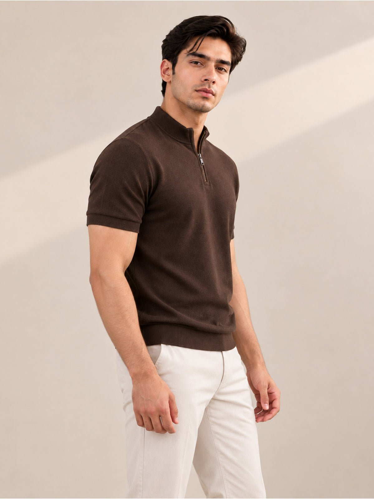 BROWN MOCK NECK ZIPPER POLO