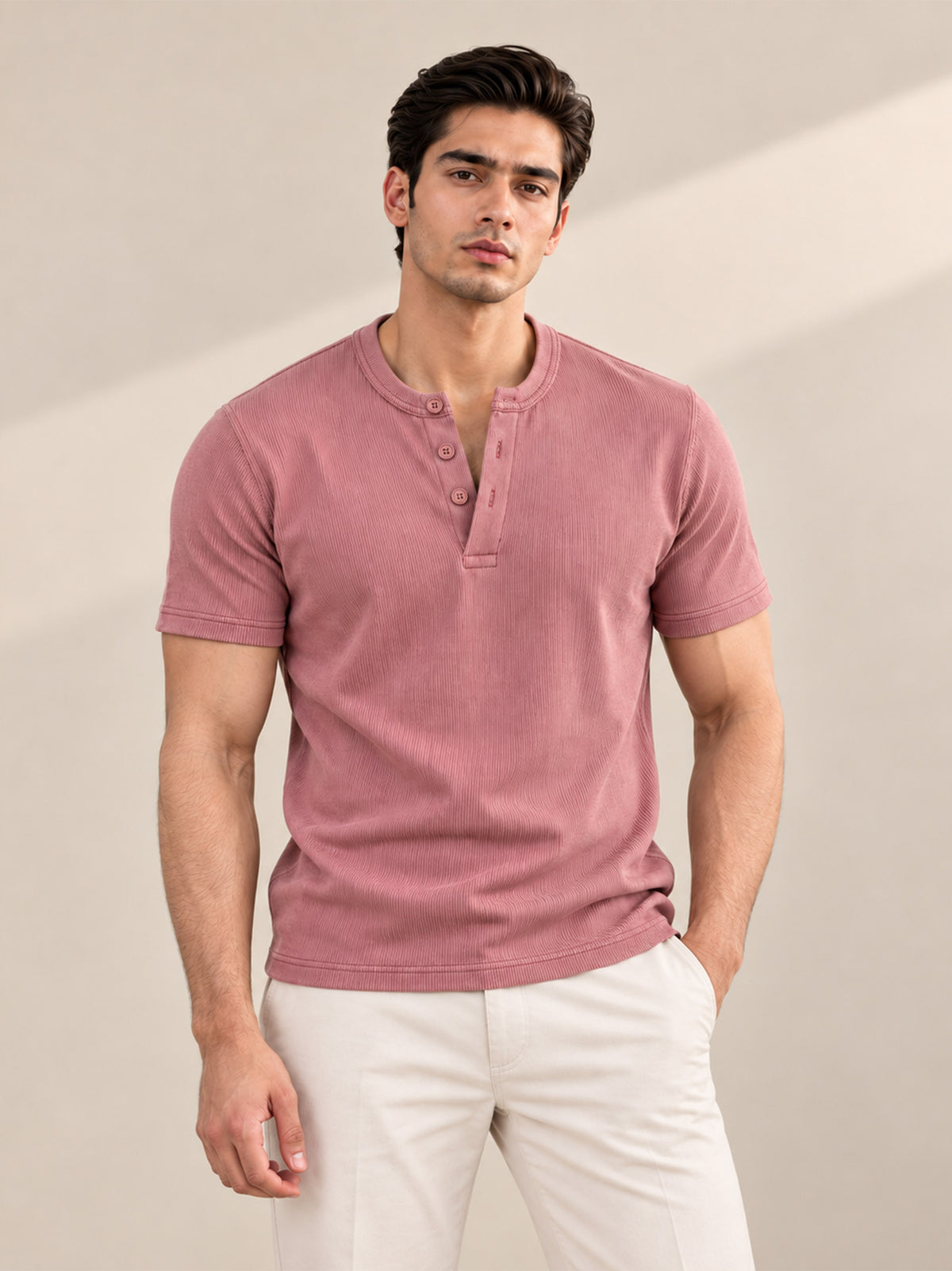 DUSKY PINK RIBBED HENLEY
