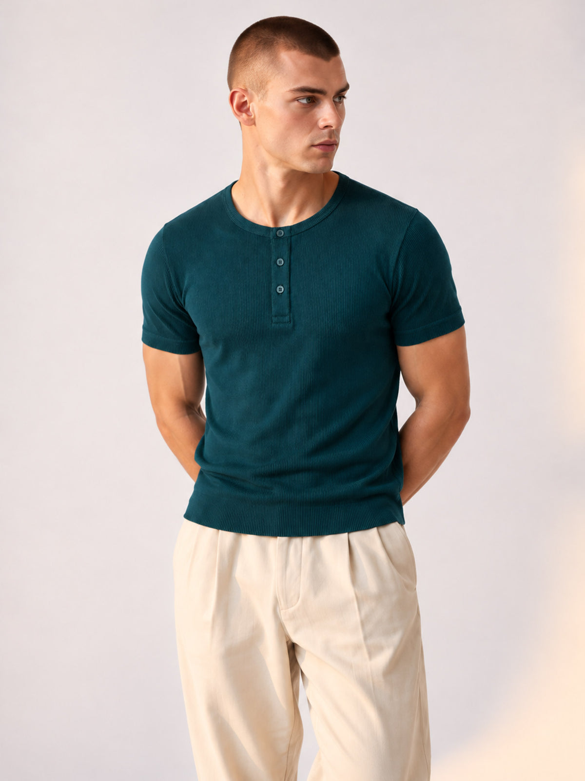 TEAL RIBBED HENLEY