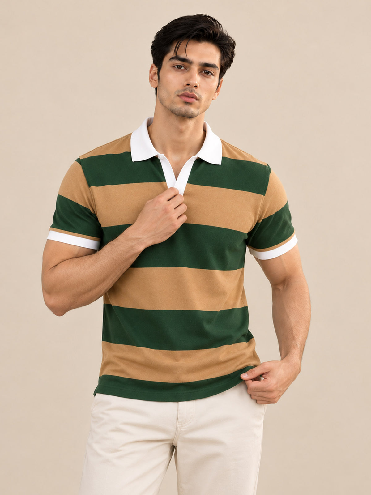 OLIVE BEIGE CONTRAST COLLAR POLO
