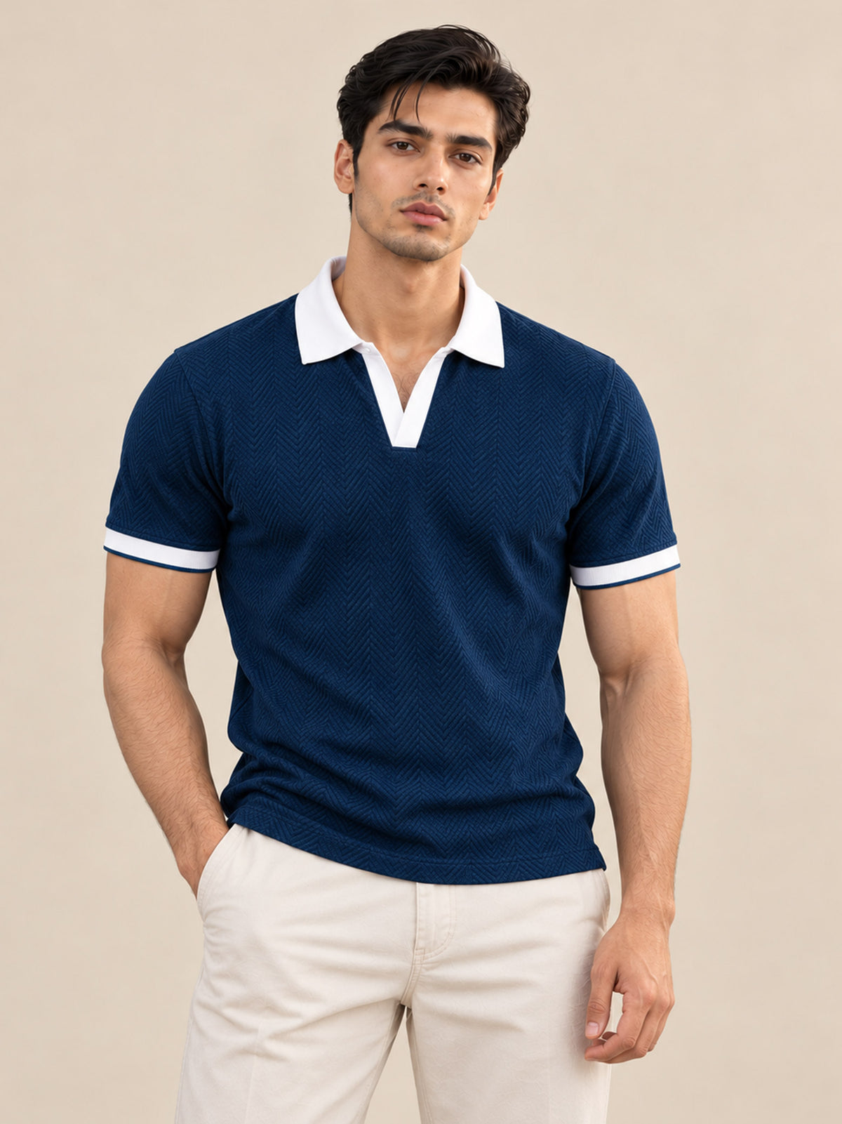 BLUE JACQUARD CONTRAST COLLAR POLO