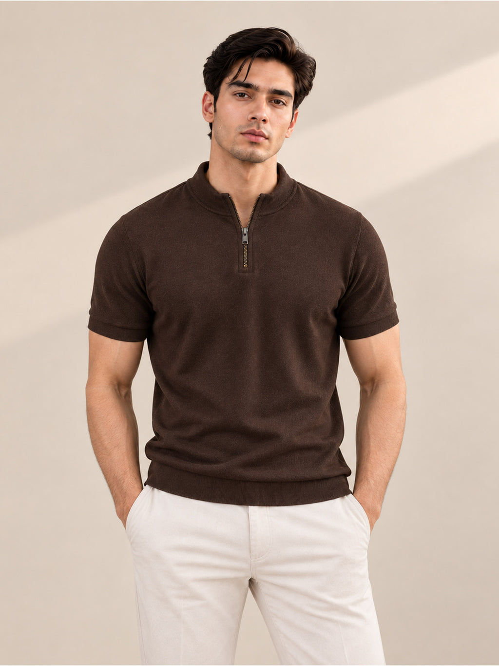 BROWN MOCK NECK ZIPPER POLO