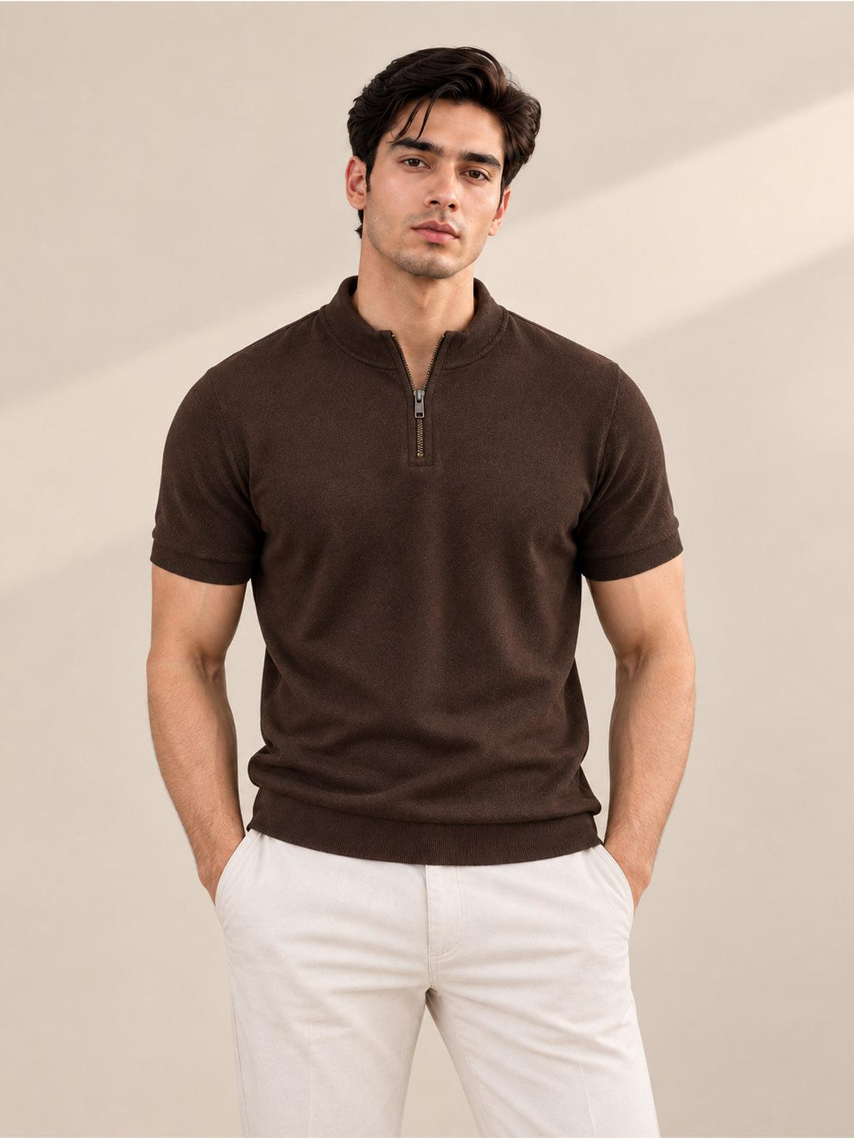 BROWN MOCK NECK ZIPPER POLO