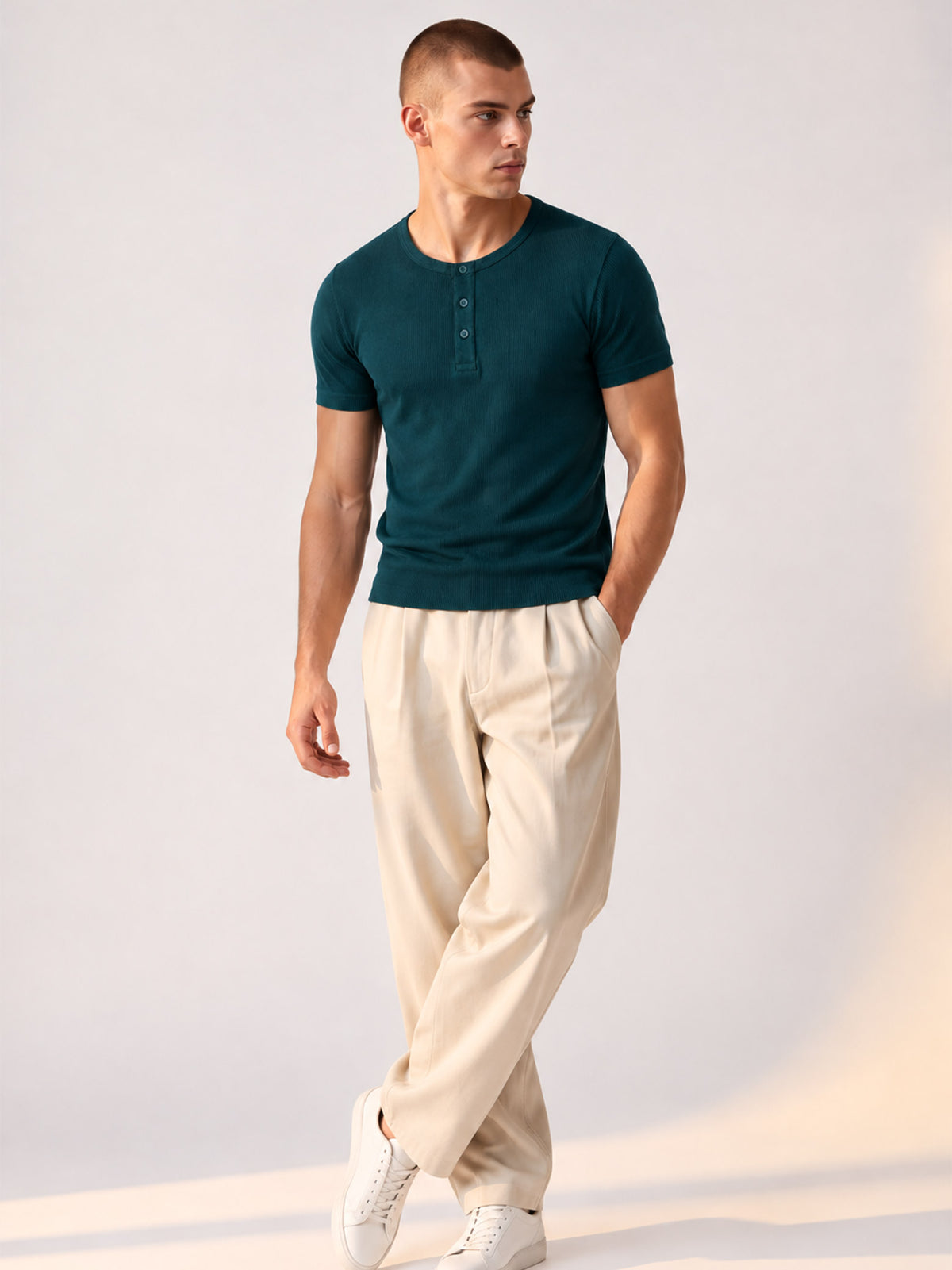 TEAL RIBBED HENLEY