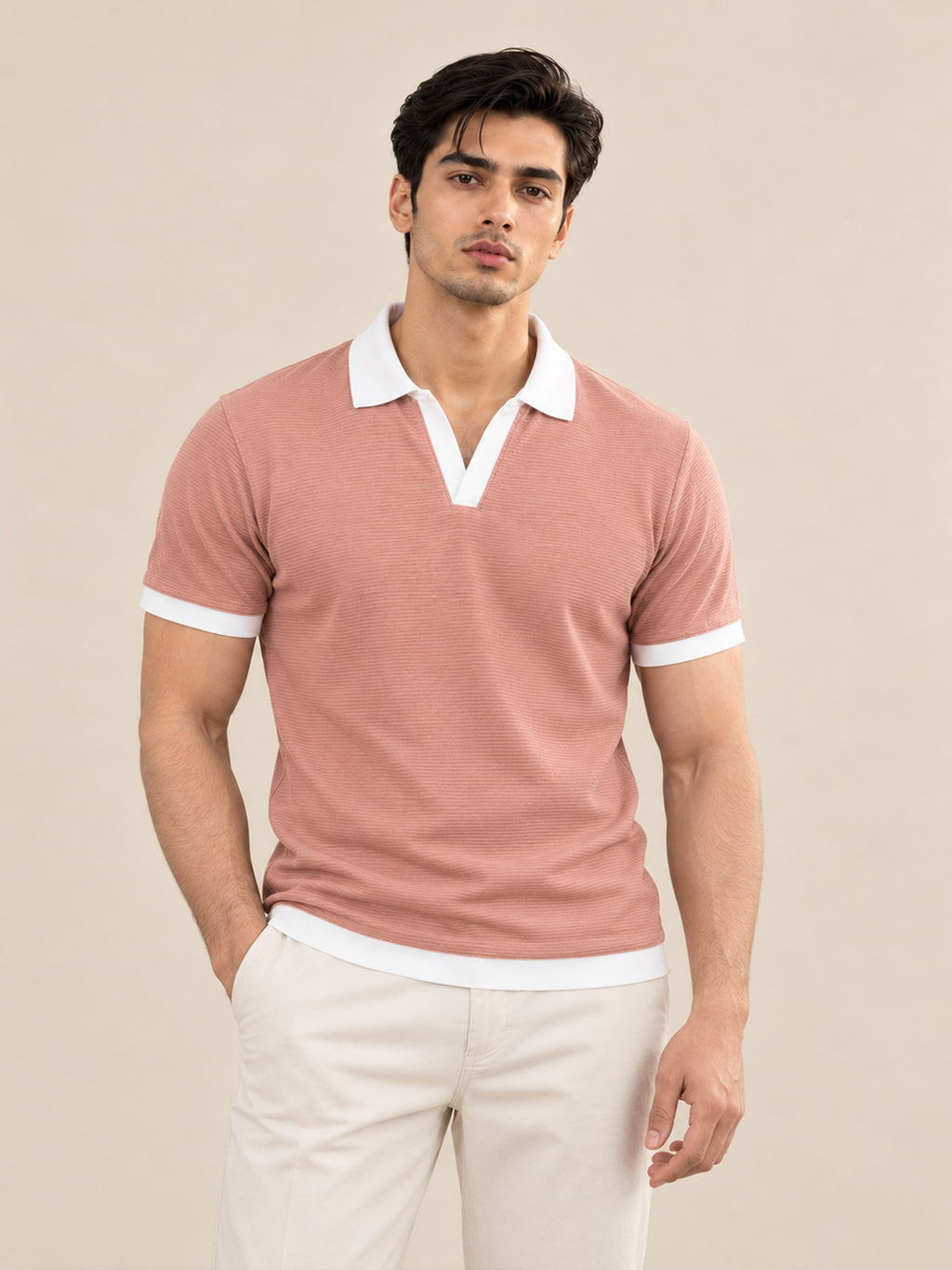 PINK OTTOMAN CONTRAST COLLAR POLO