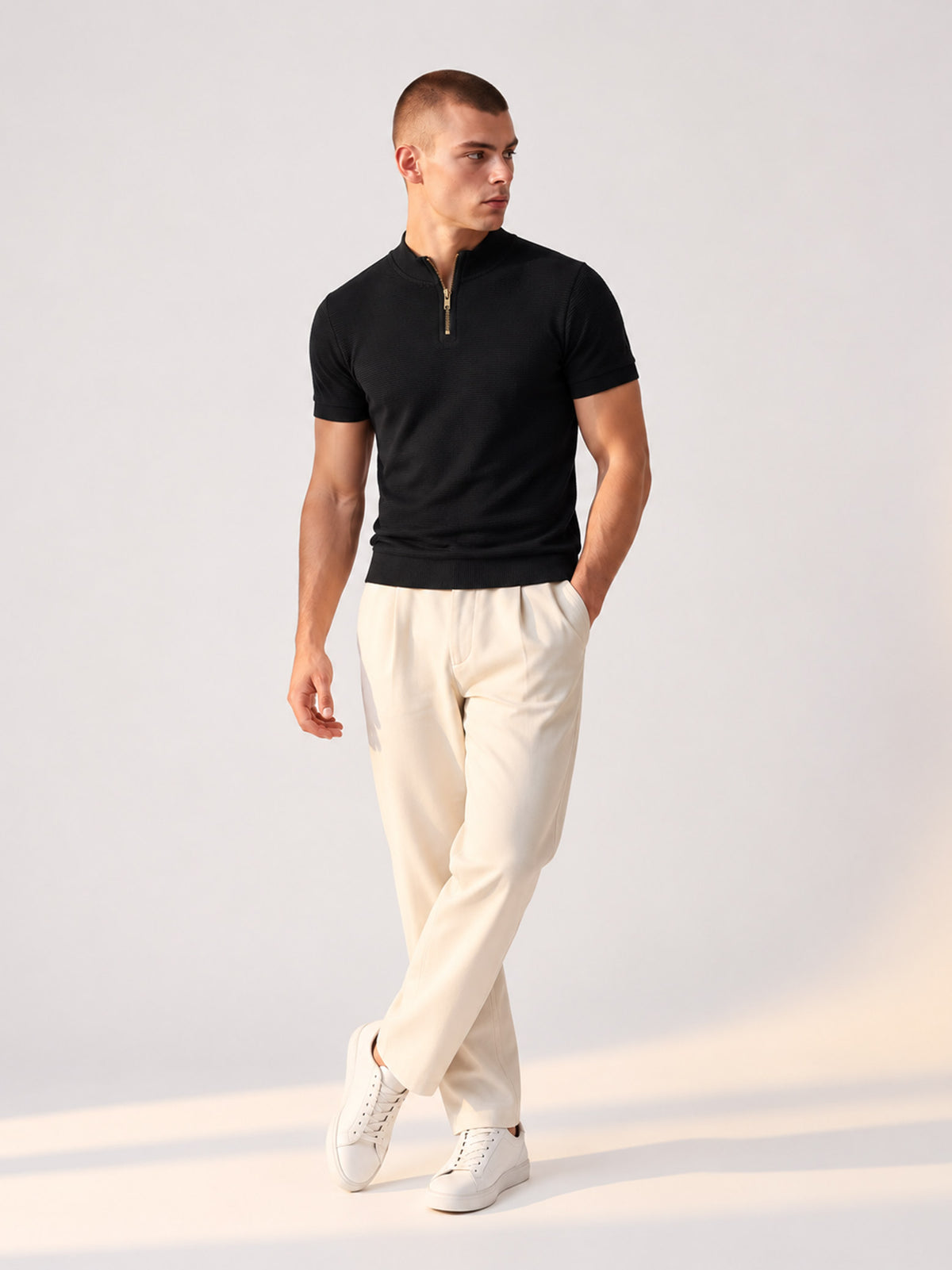 BLACK MOCK-NECK OTTOMAN POLO