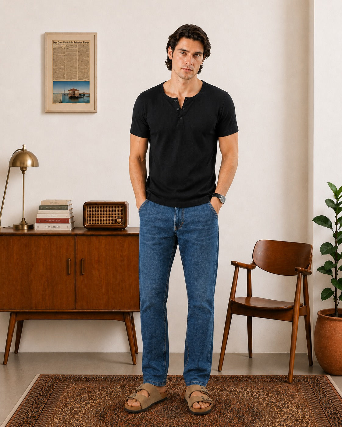 BLACK RIBBED HENLEY