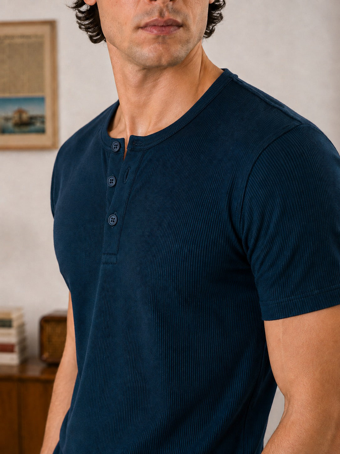 DARK BLUE RIBBED HENLEY