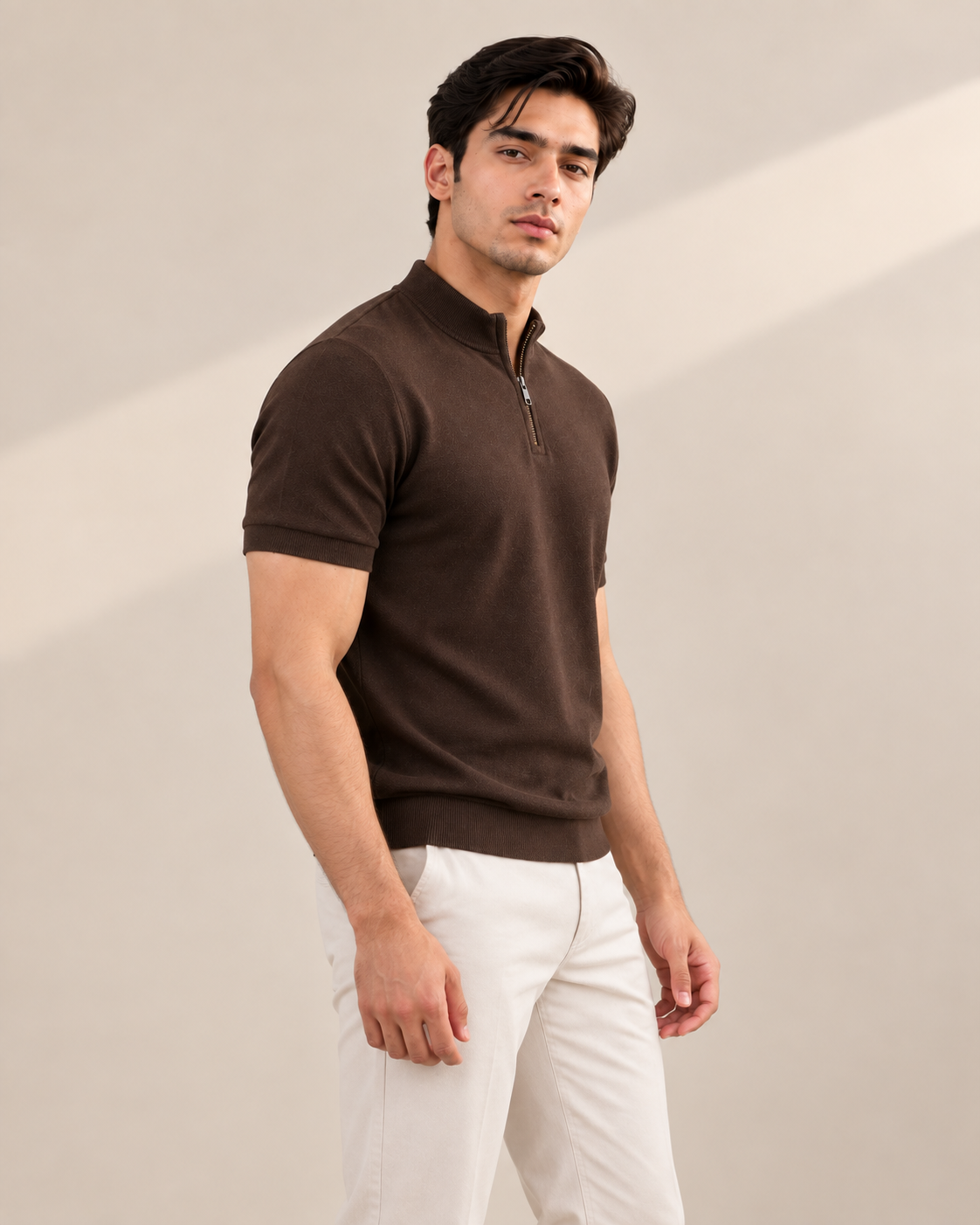Brown Mock Neck Zipper Polo Men Female