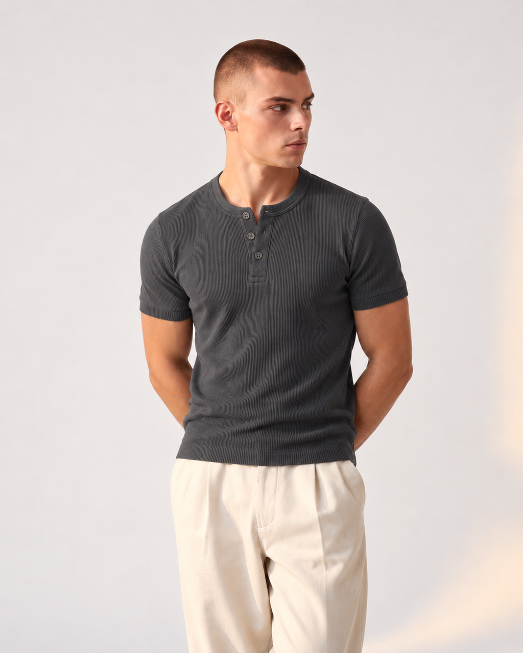 DARK GREY RIBBED HENLEY