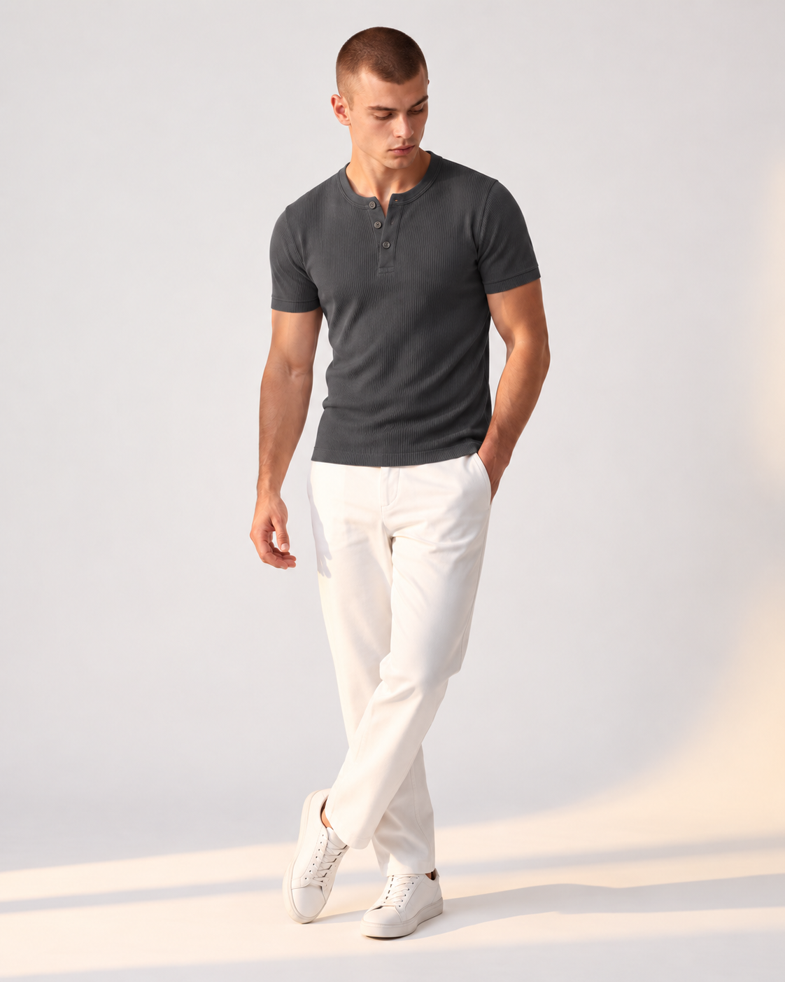 DARK GREY RIBBED HENLEY