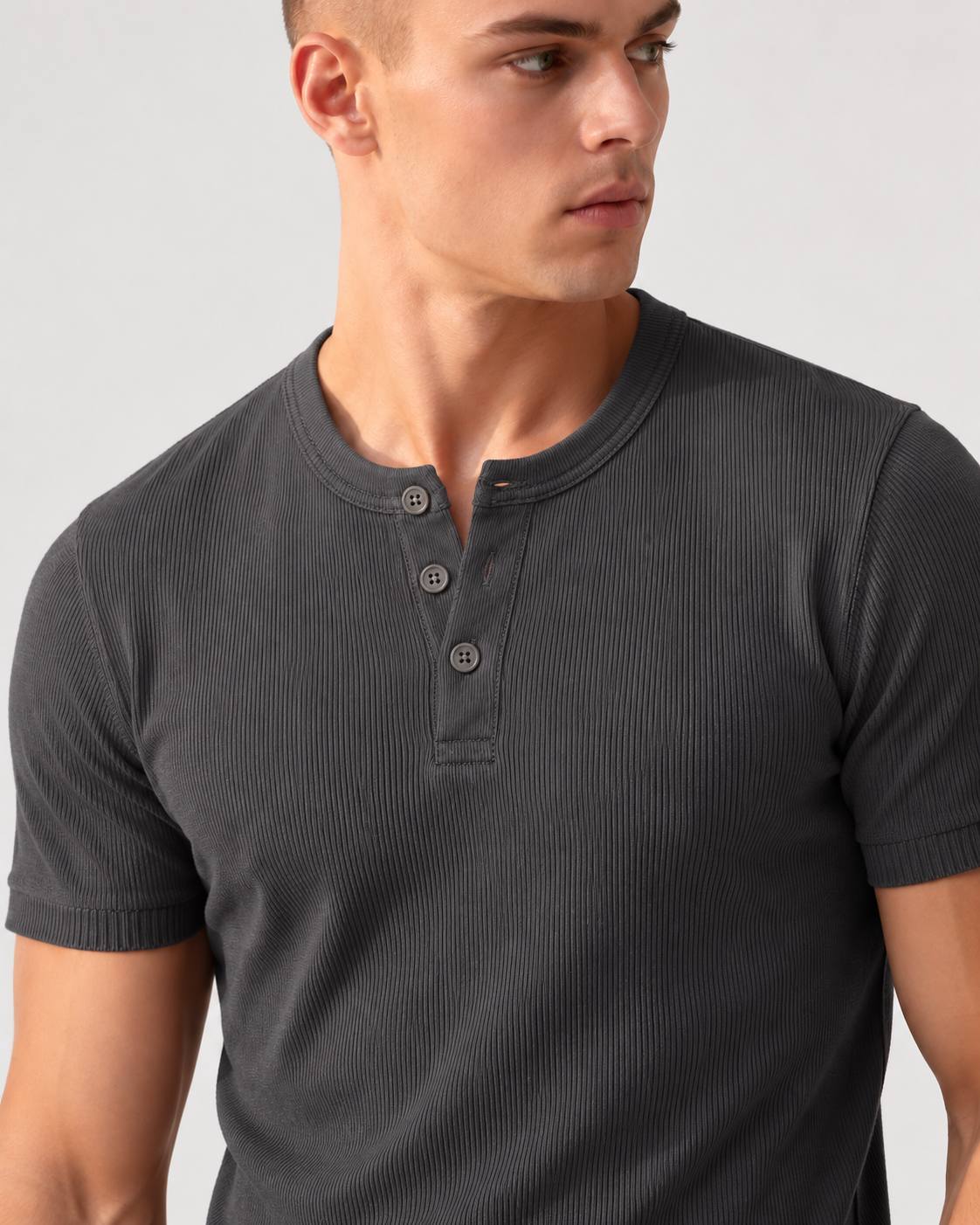 DARK GREY RIBBED HENLEY