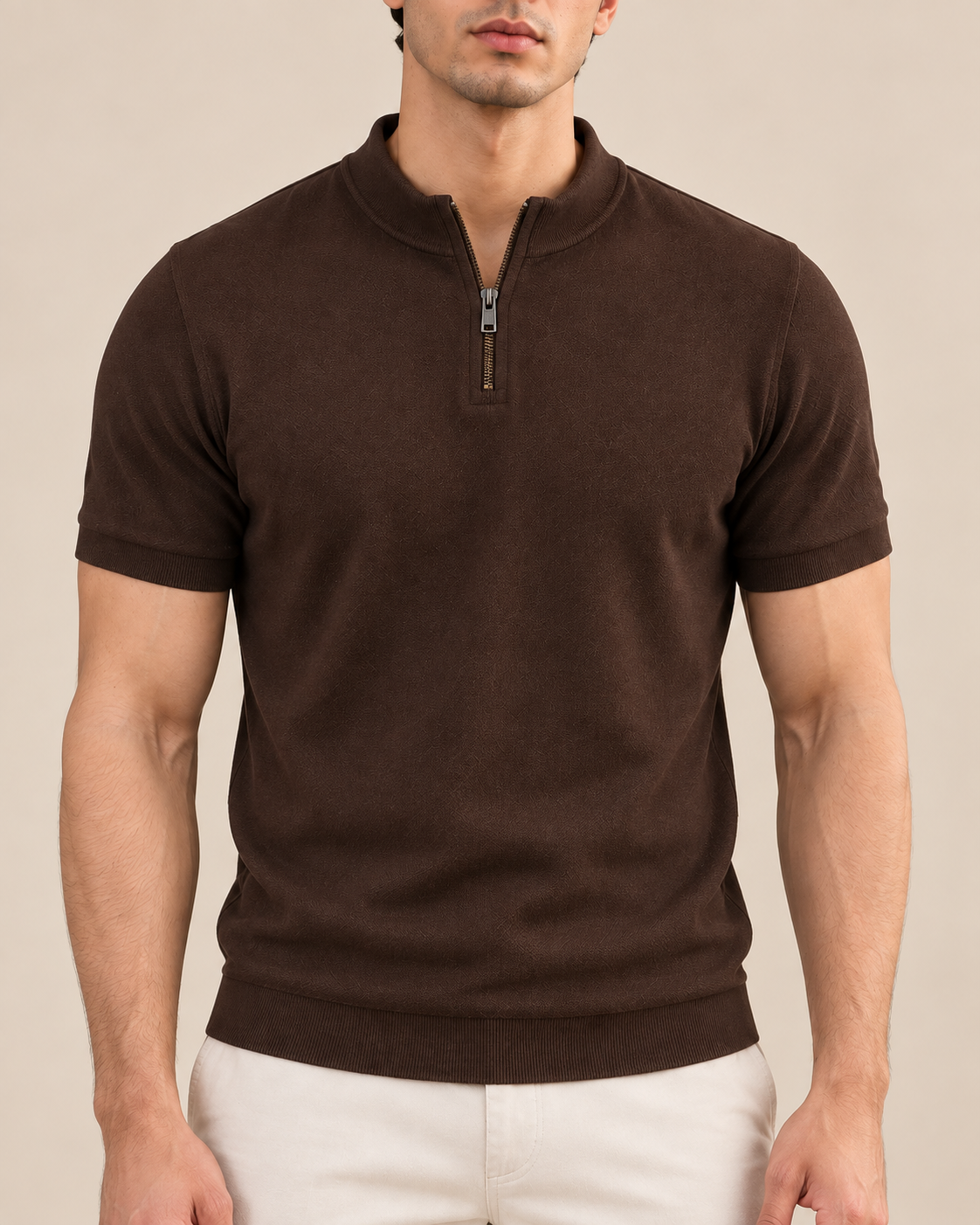 Brown Mock Neck Zipper Polo Men Female