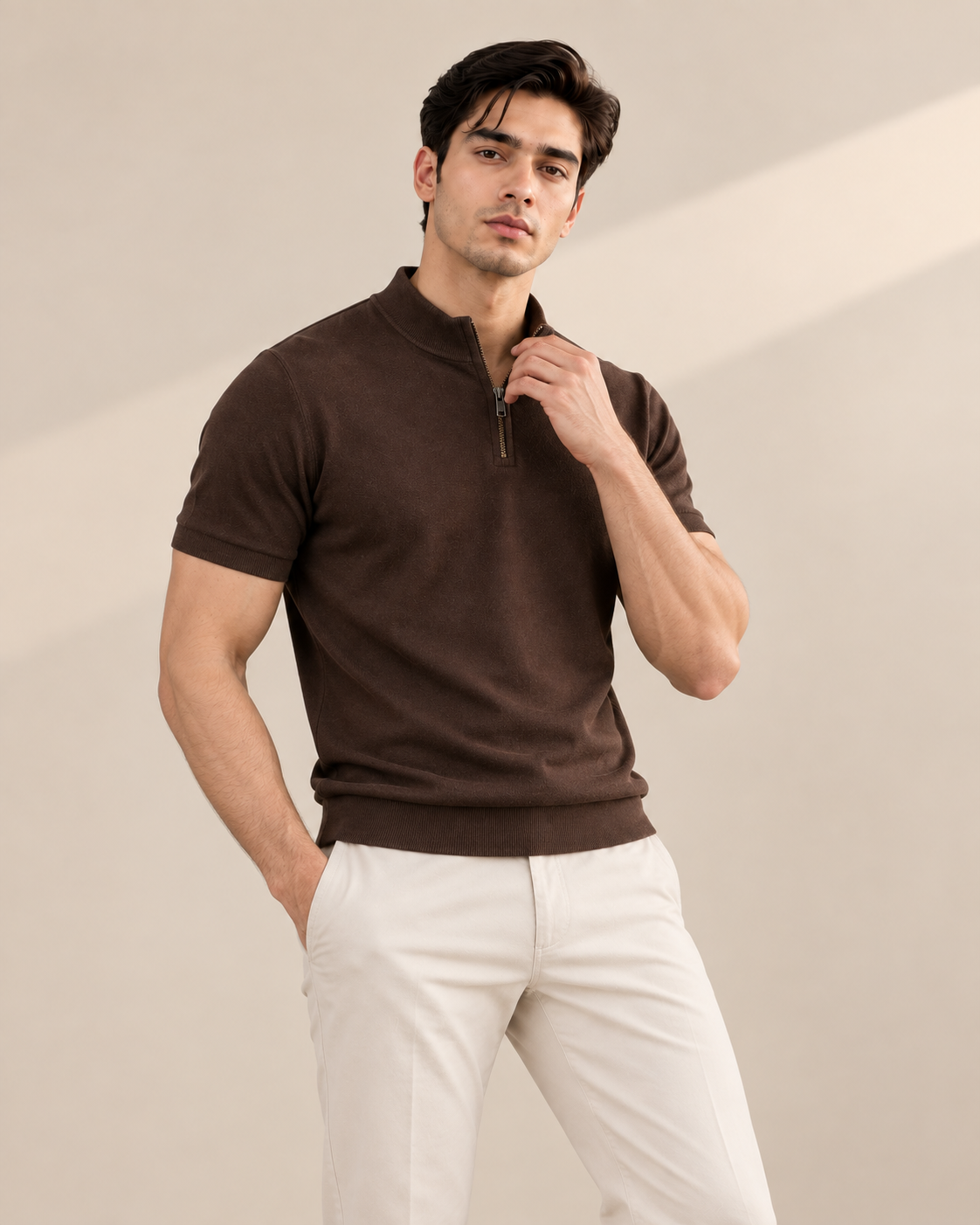 Brown Mock Neck Zipper Polo Men Female