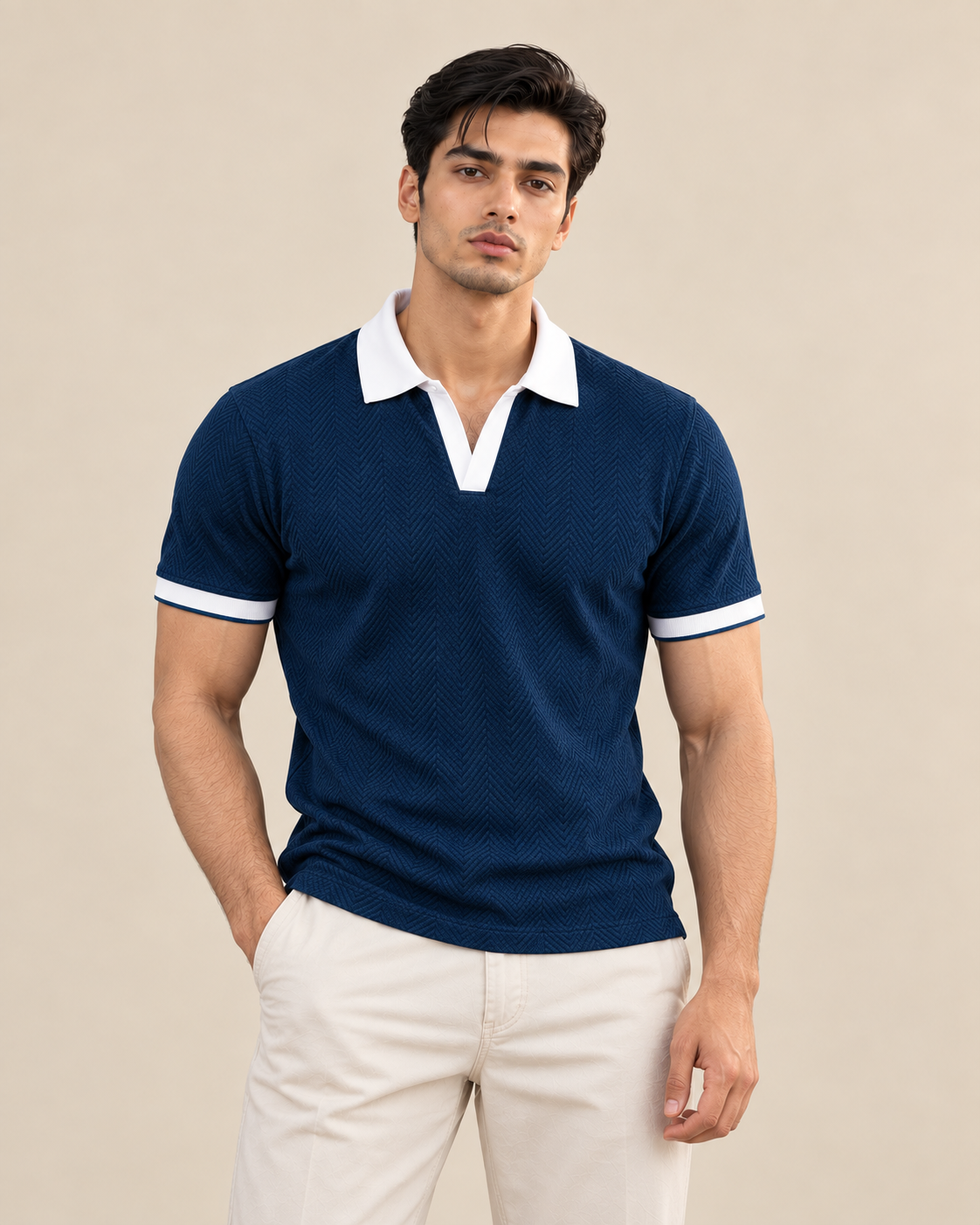 BLUE JACQUARD CONTRAST COLLAR POLO
