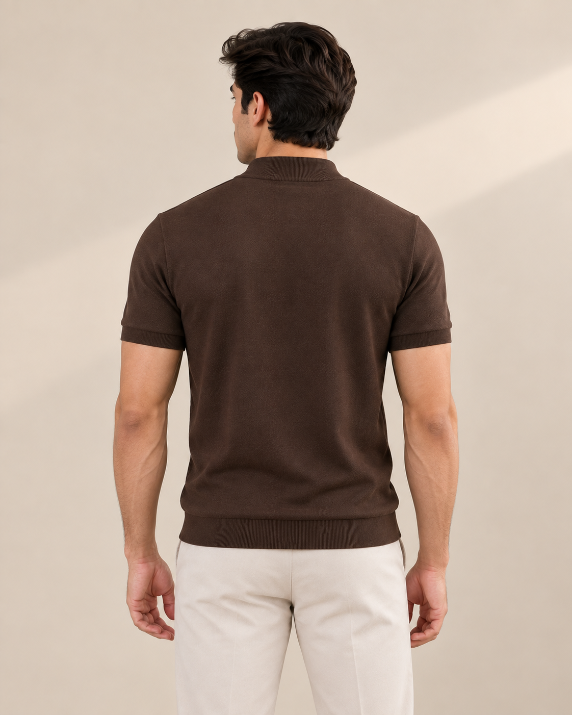 Brown Mock Neck Zipper Polo Men Female