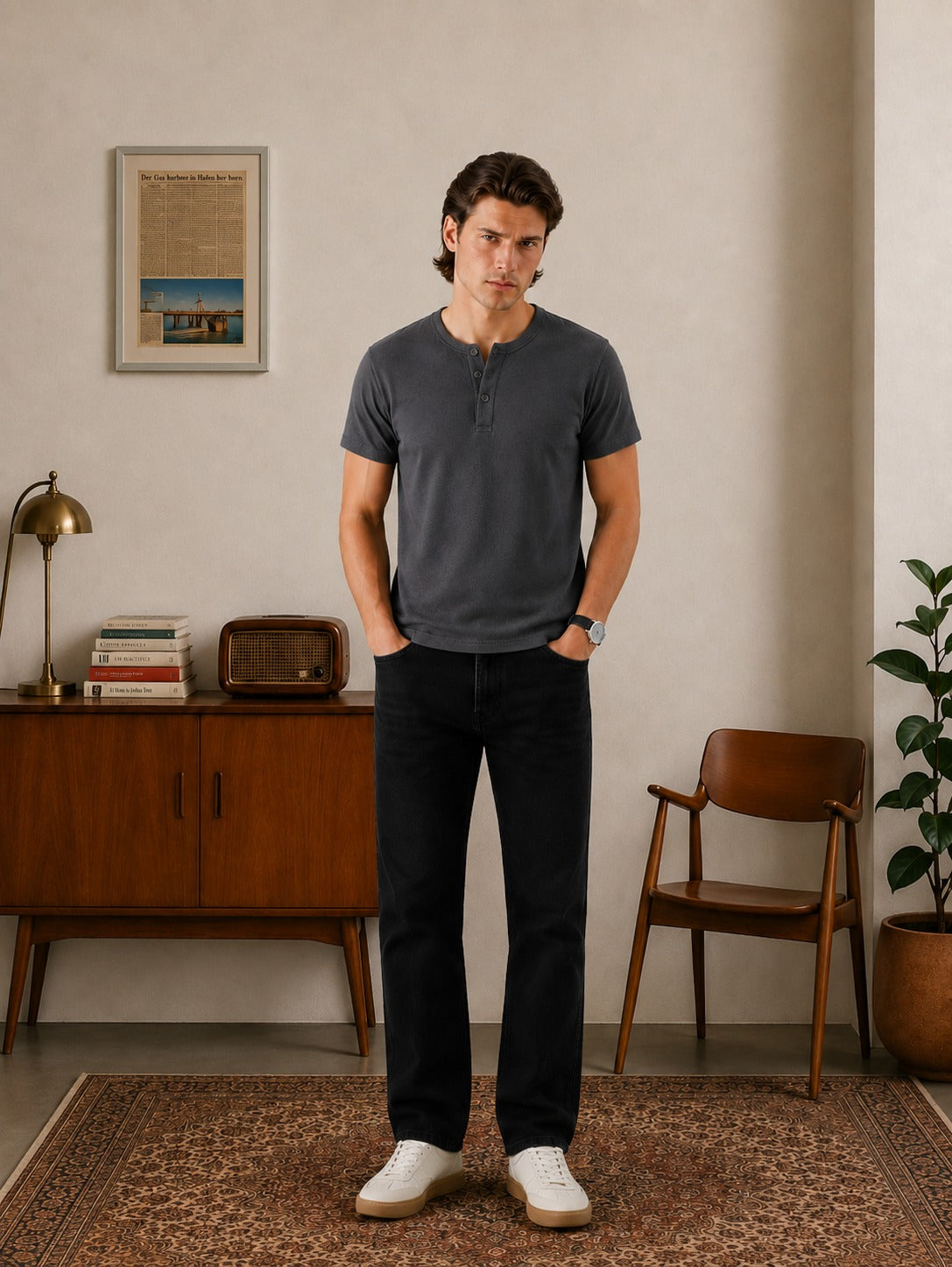 DARK GREY RIBBED HENLEY