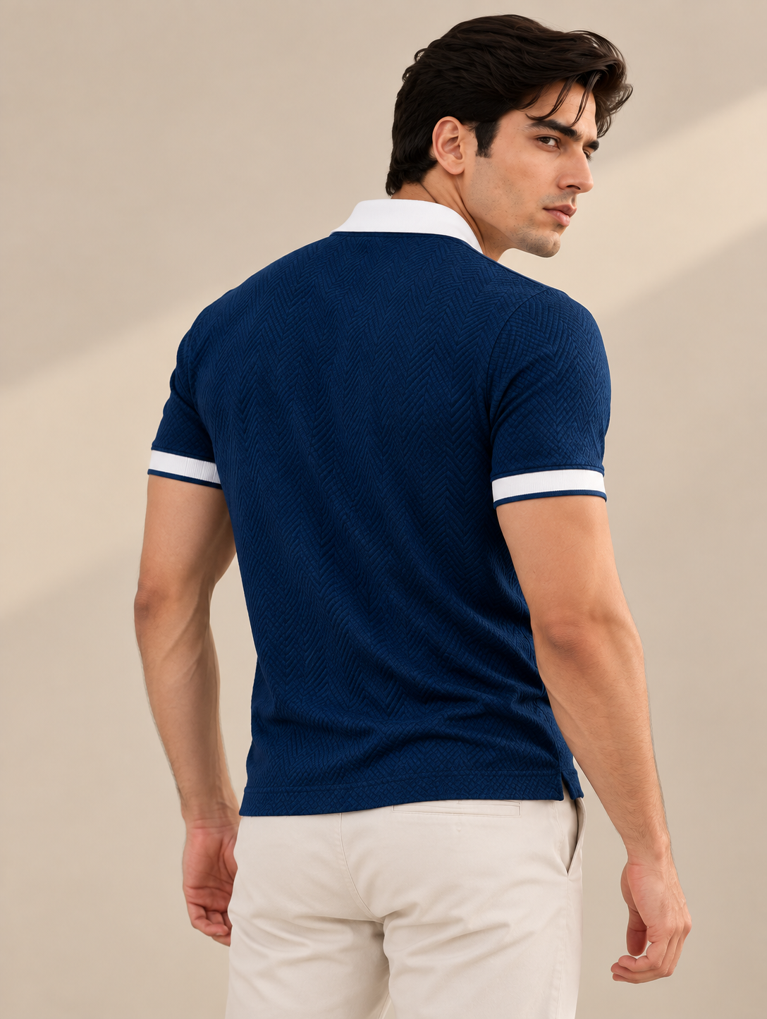 BLUE JACQUARD CONTRAST COLLAR POLO