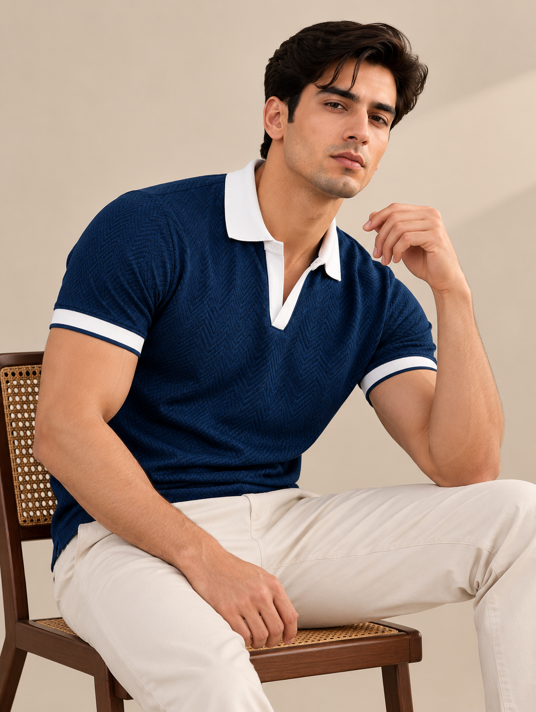 BLUE JACQUARD CONTRAST COLLAR POLO