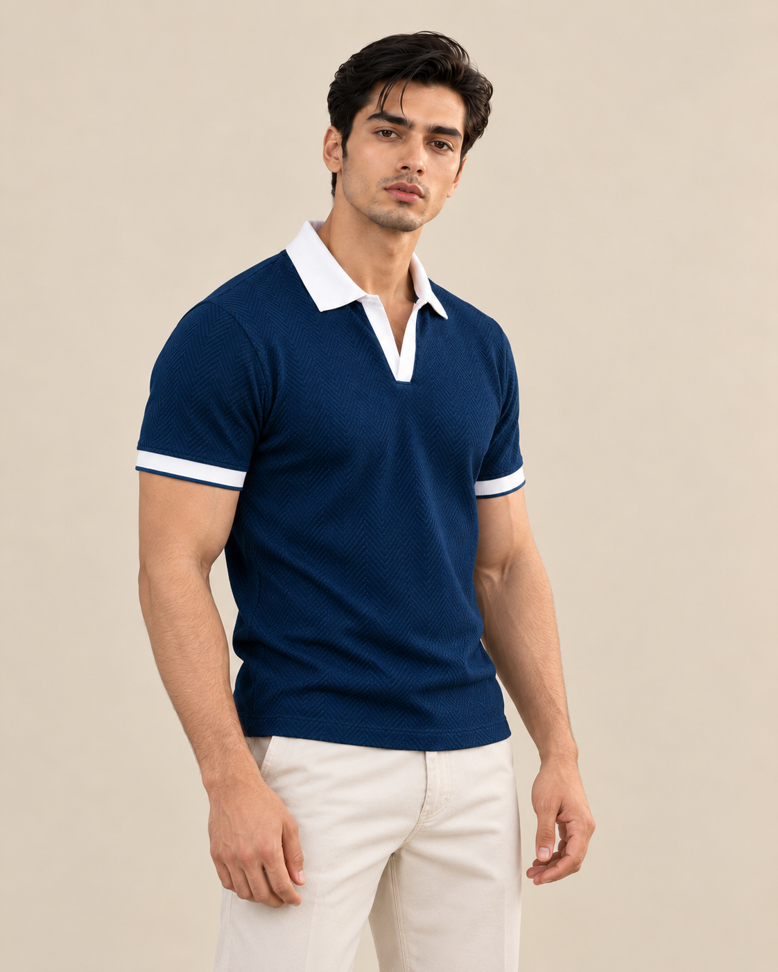 BLUE JACQUARD CONTRAST COLLAR POLO
