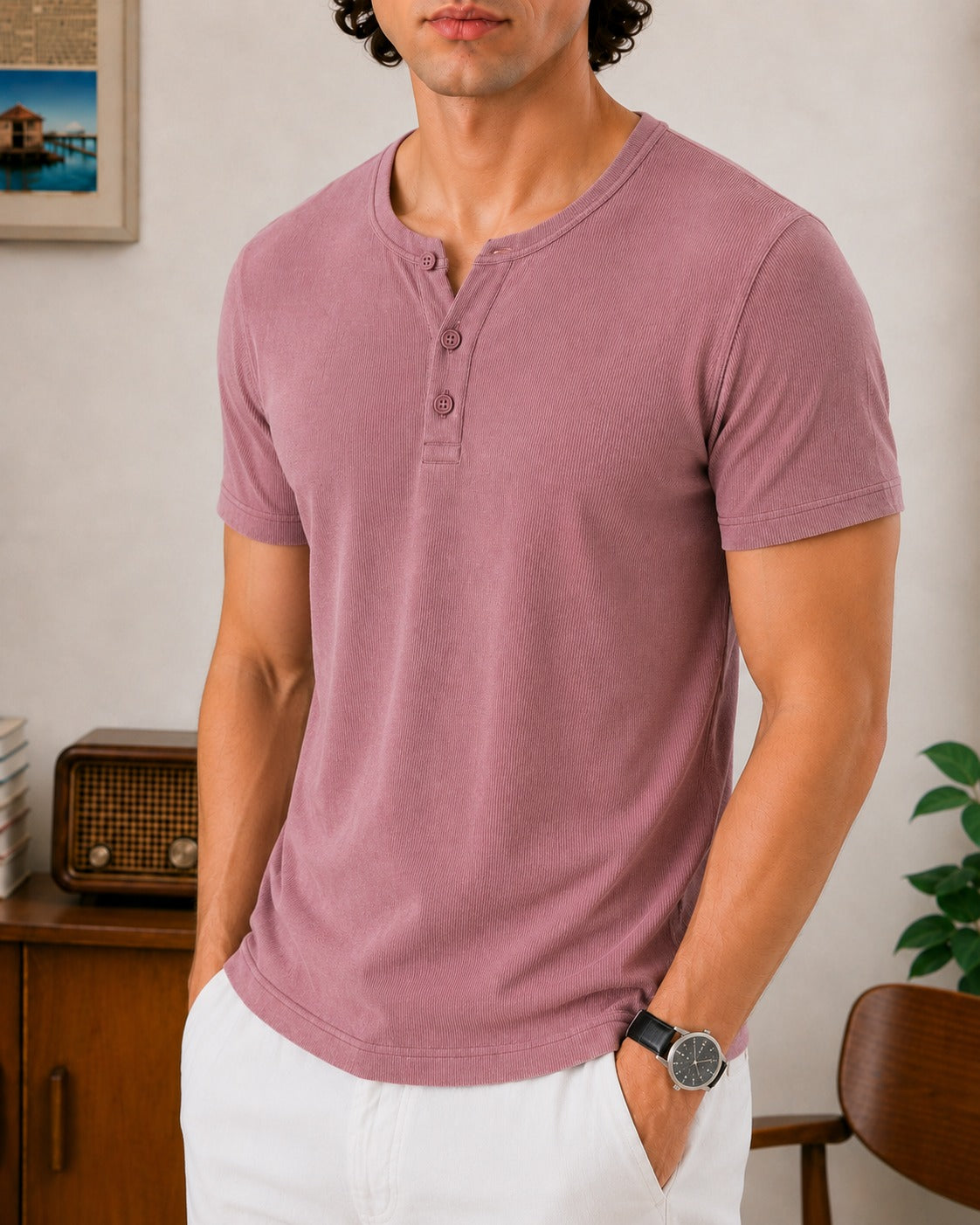 DUSKY PINK RIBBED HENLEY