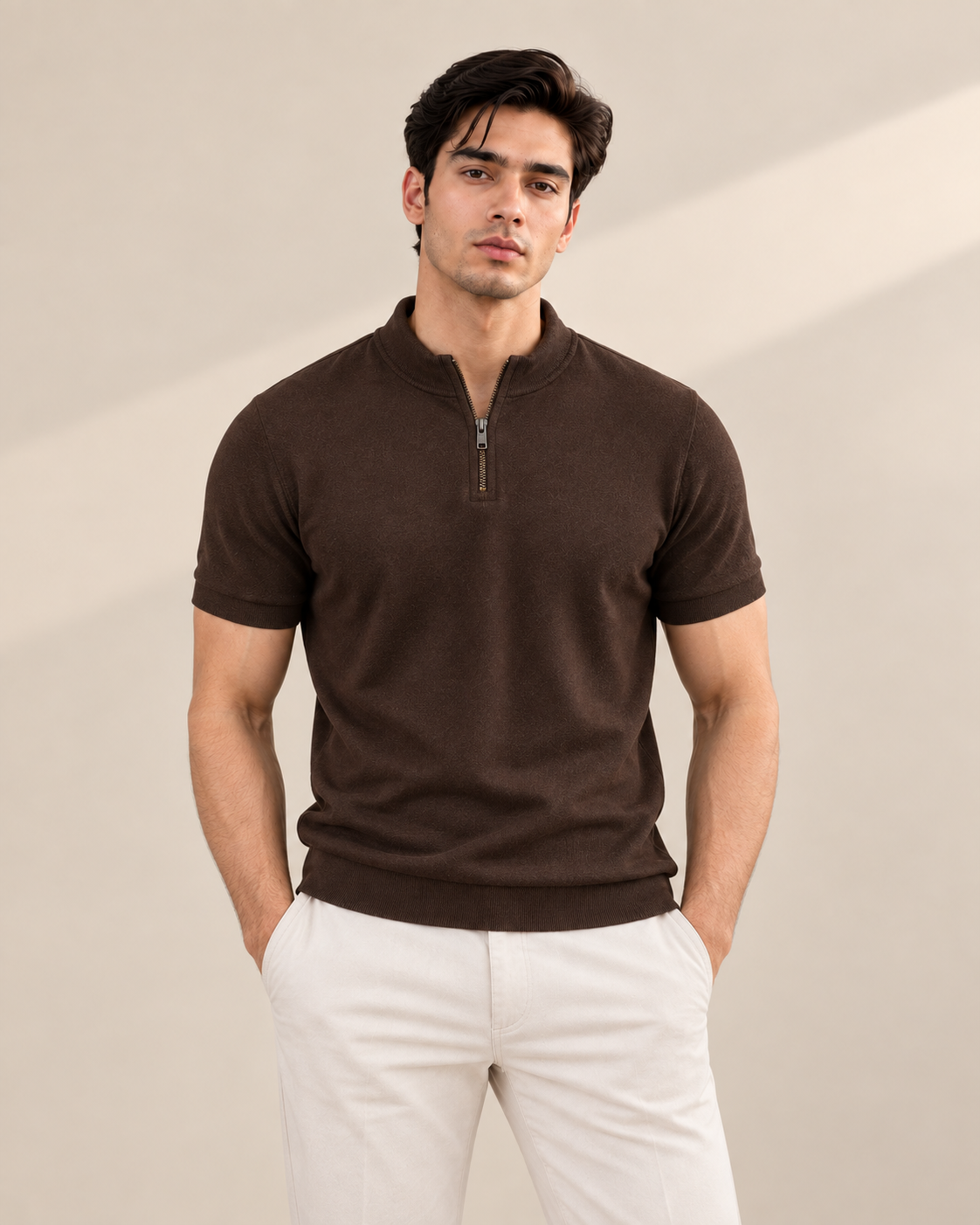 Brown Mock Neck Zipper Polo Men Female