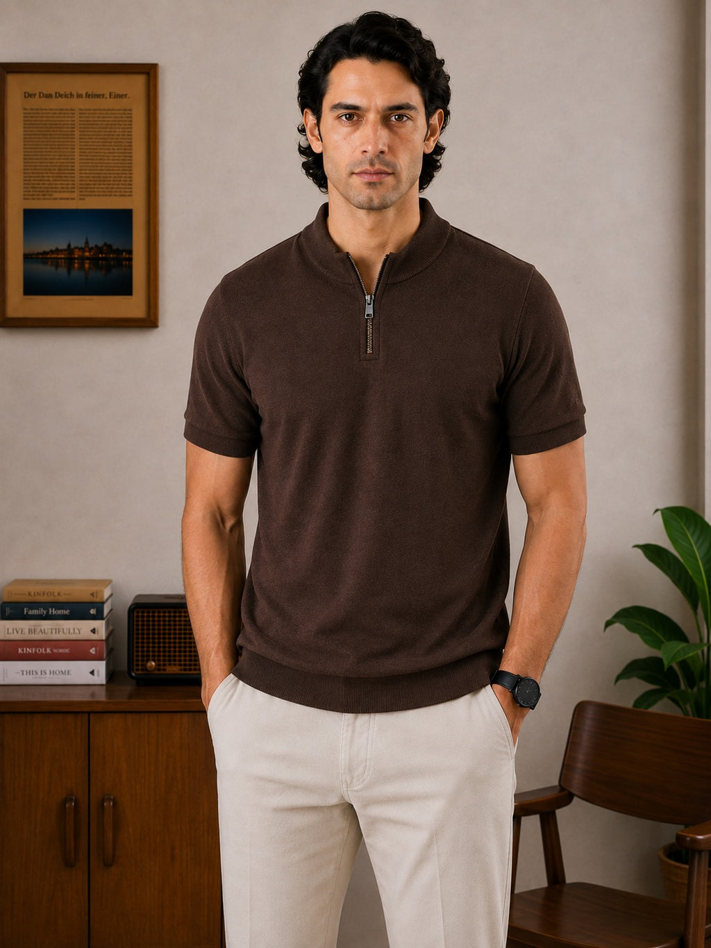 BROWN MOCK NECK ZIPPER POLO