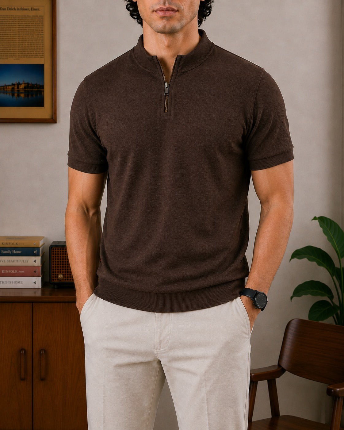BROWN MOCK NECK ZIPPER POLO