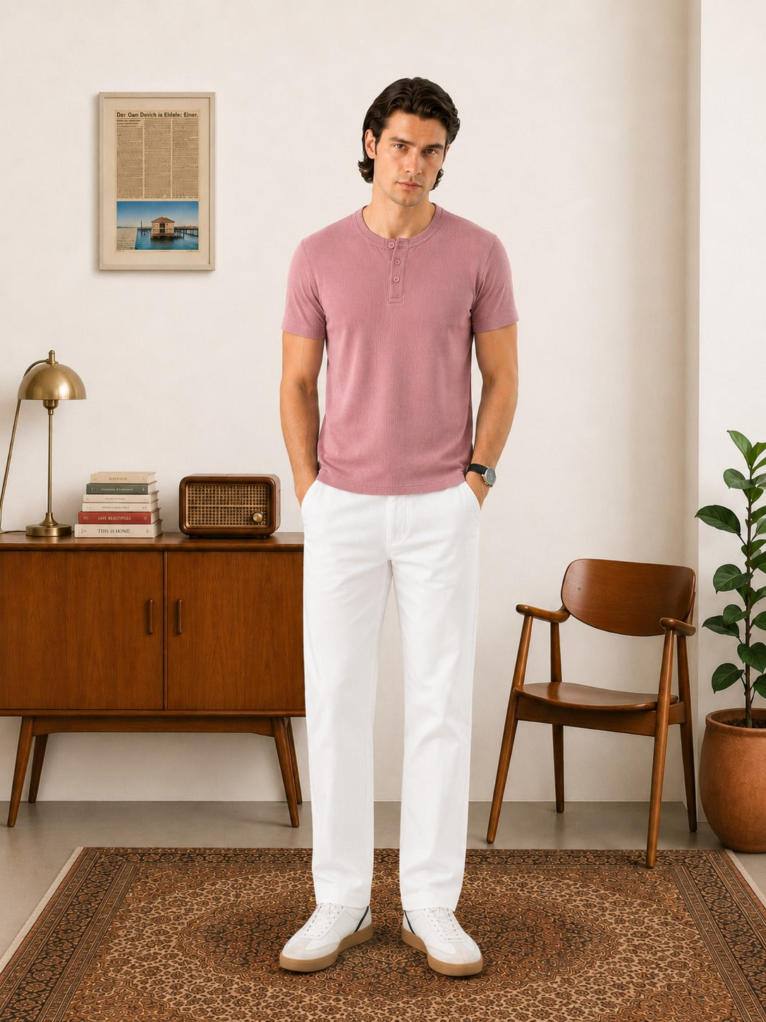 DUSKY PINK RIBBED HENLEY