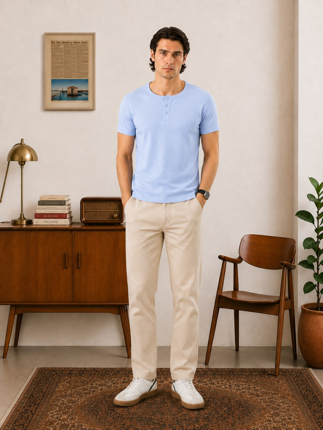SKY BLUE RIBBED HENLEY