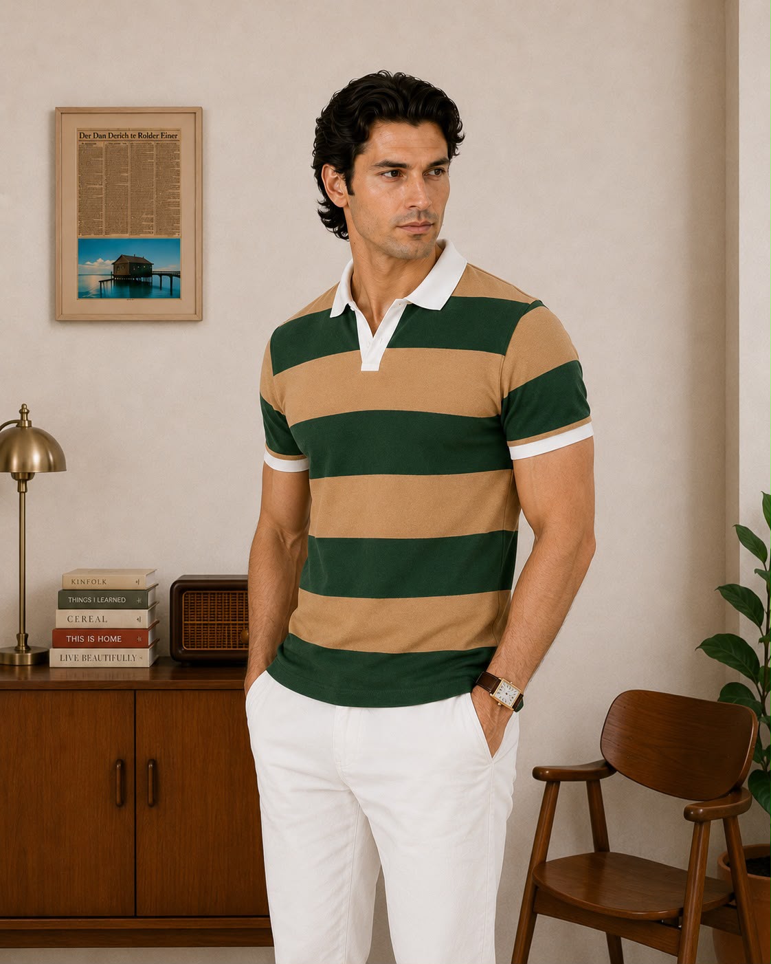 OLIVE BEIGE CONTRAST COLLAR POLO
