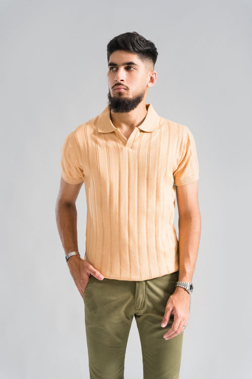 Wear Anarchy Apricot Knitted Polo for men with vertical knit texture, short sleeves and open collar